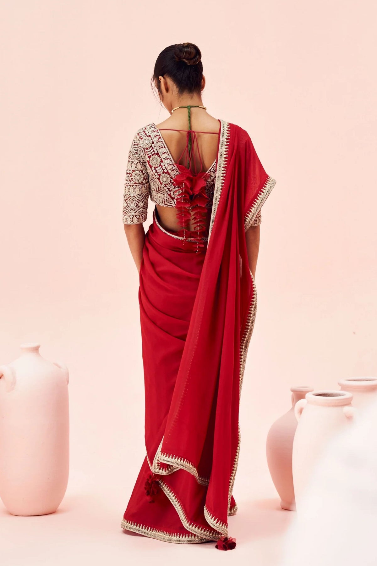 Red Saree With Embroidered Blouse Set