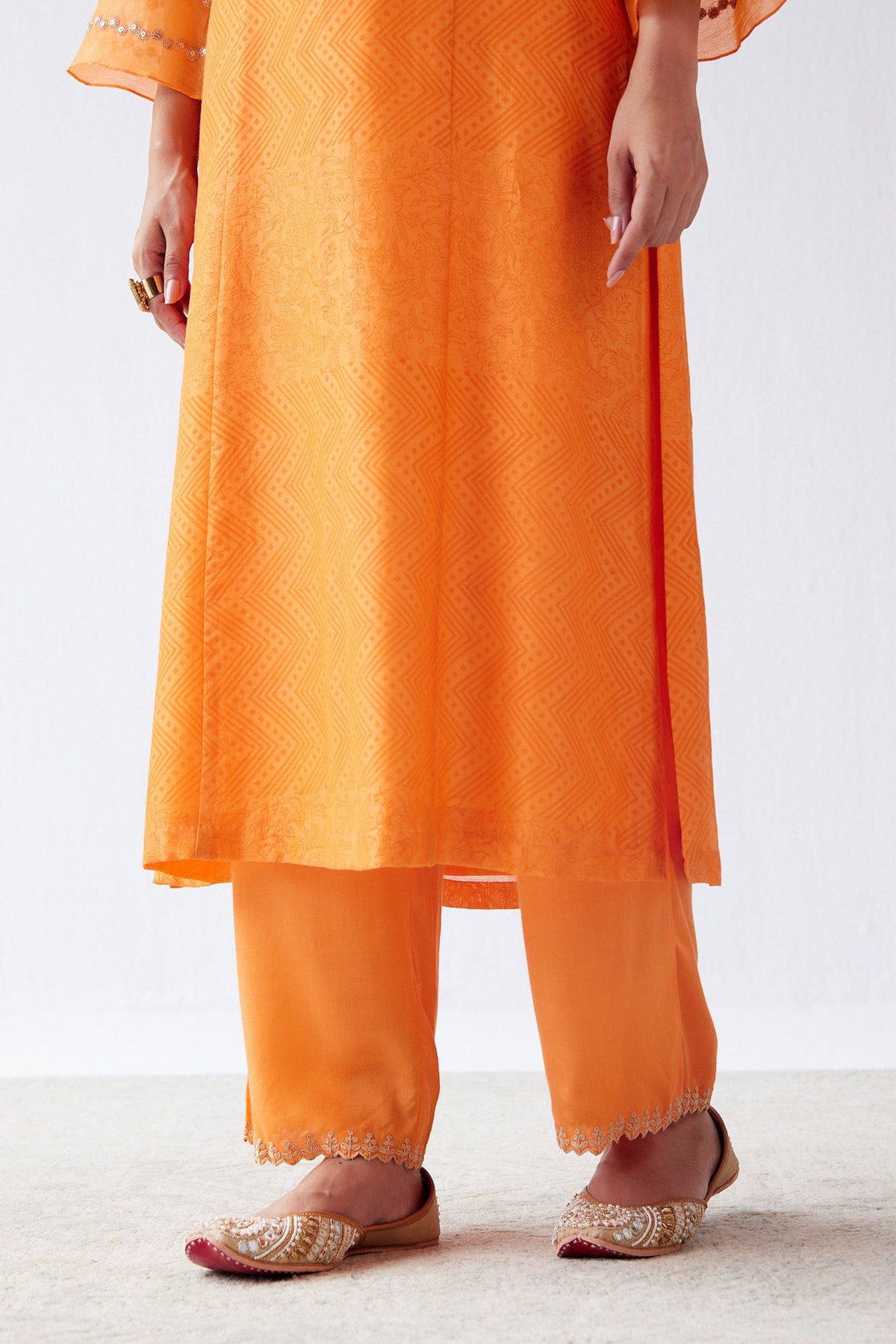 Orange Block Print Embroidered Kurta Set