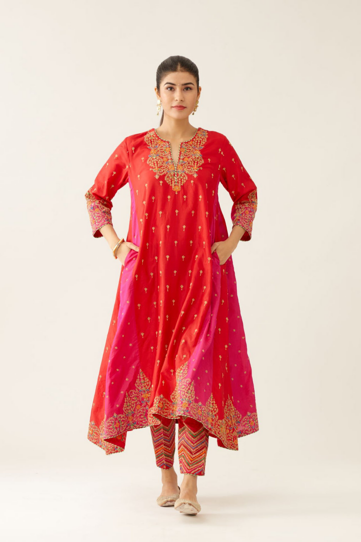 Red &amp; Fuchsia Silk Kalidar Kurta Set