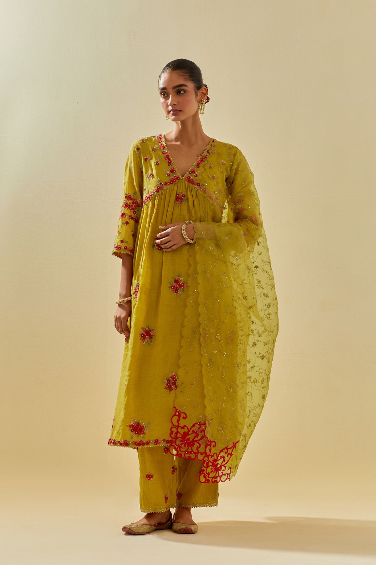 Yellow V Neck Kurta Set