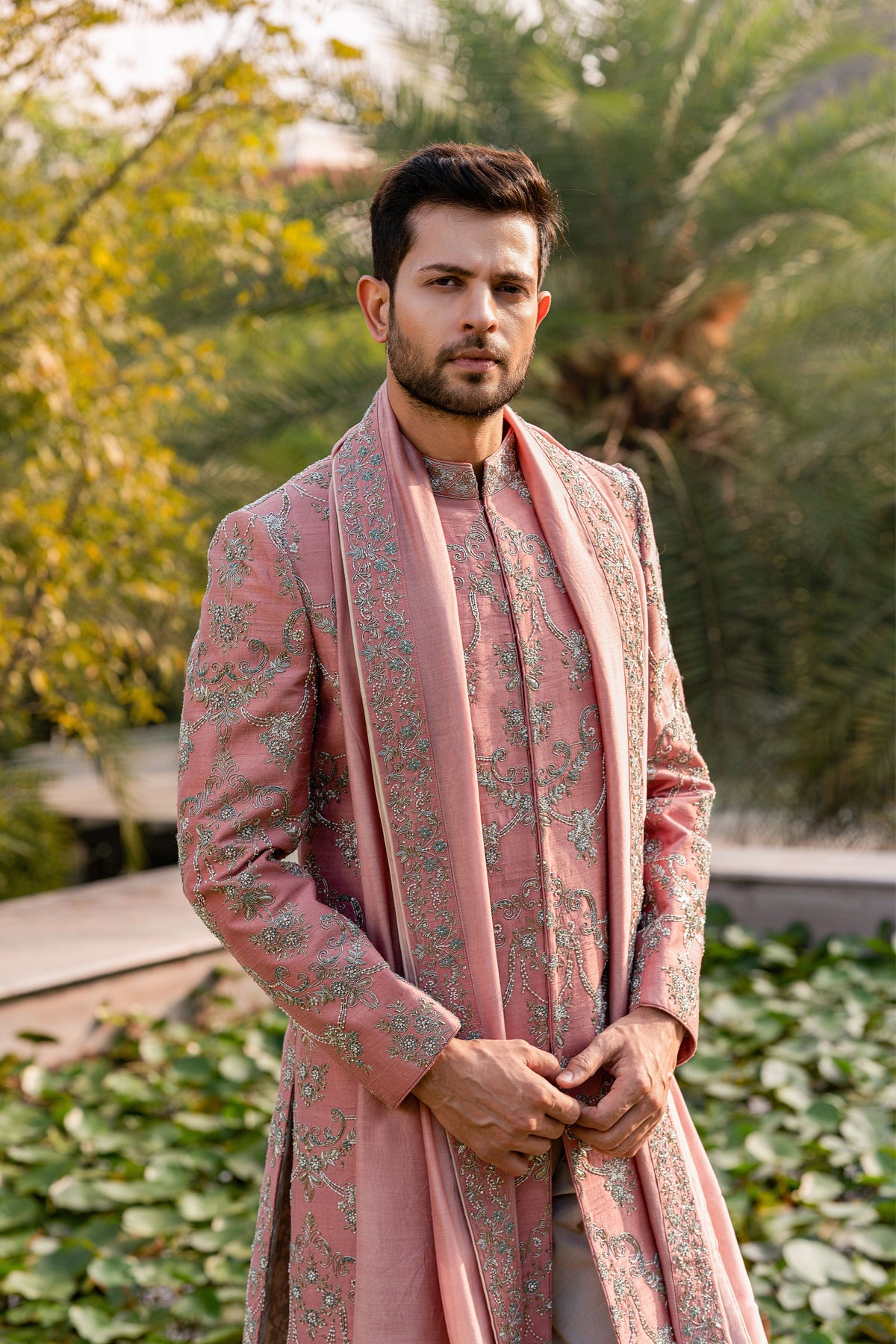 Peach Embroidered Sherwani Set