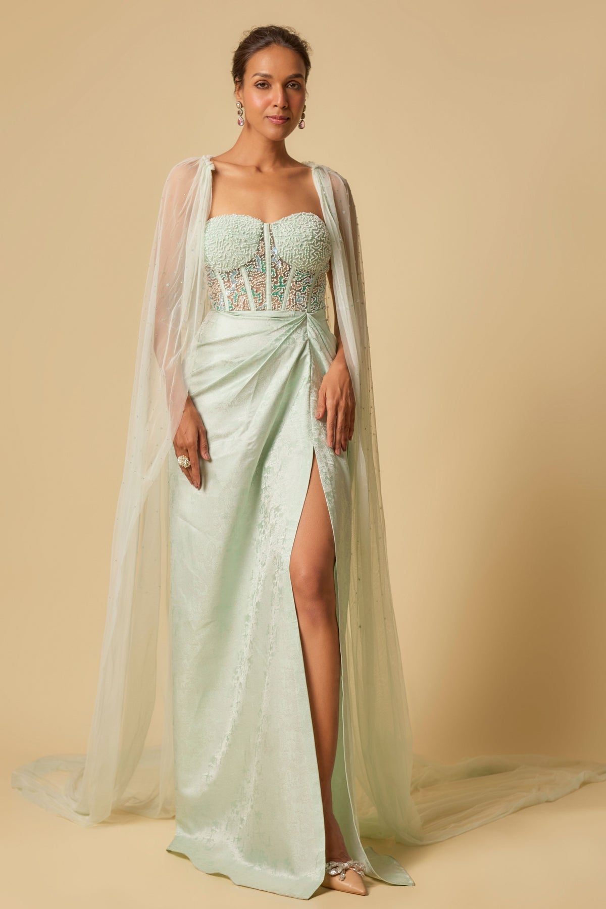 Mint Brocade Embroidered Gown Set