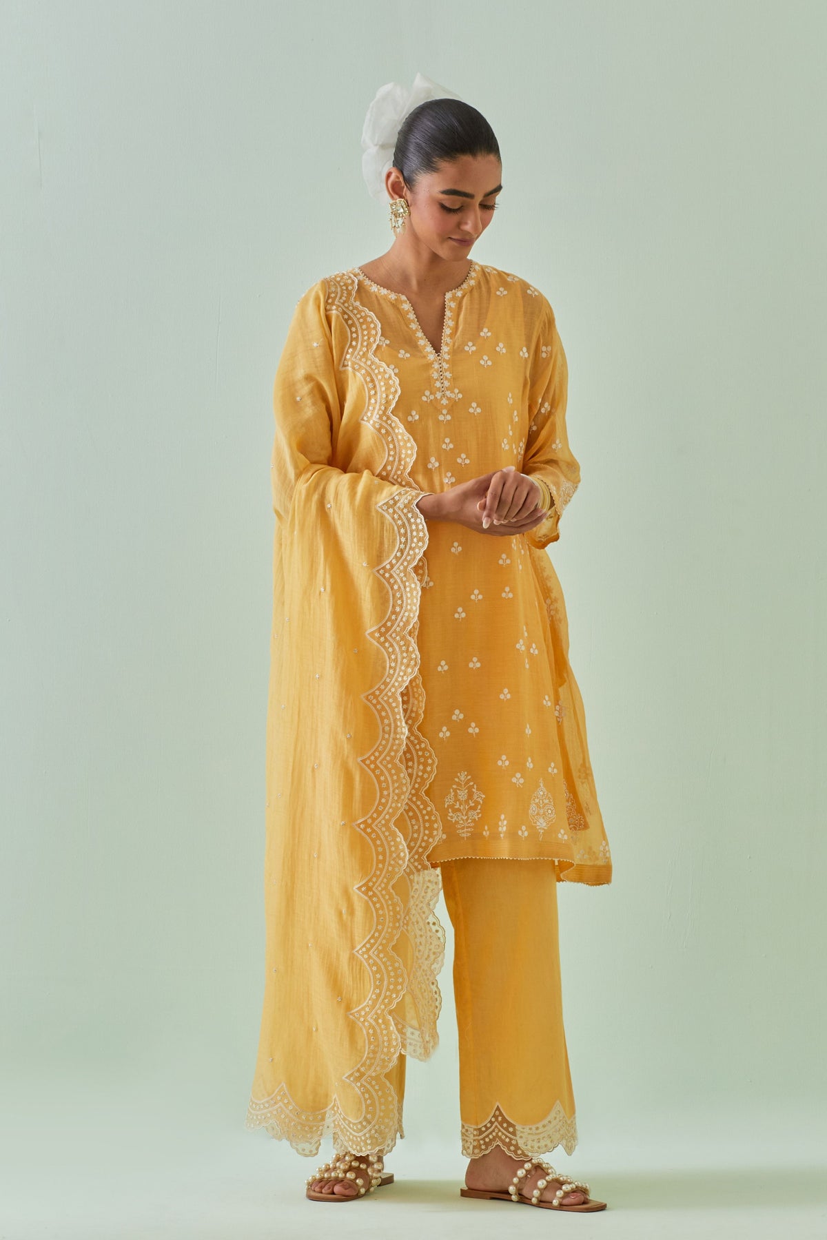 Yellow Embroidered Kalidar Kurta Set