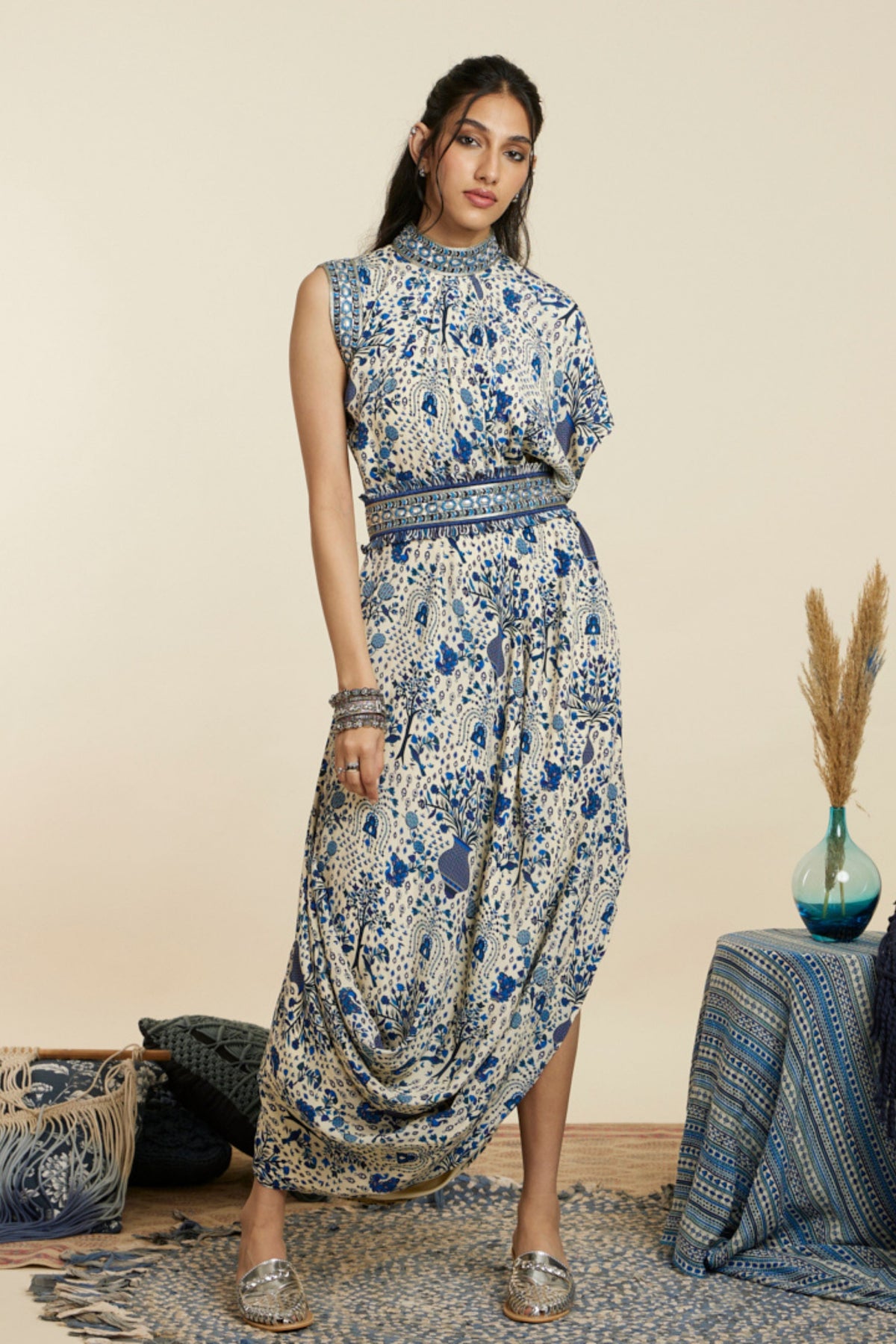 Safar Blue Drape Dress With Belt