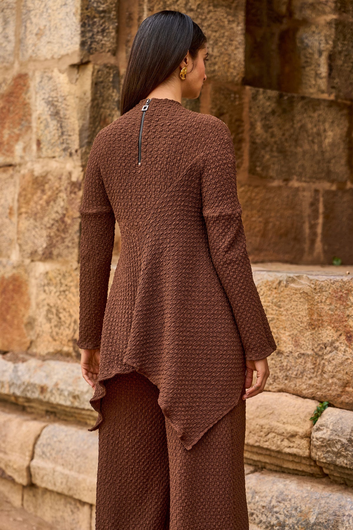 Brown Knit Architectural Top