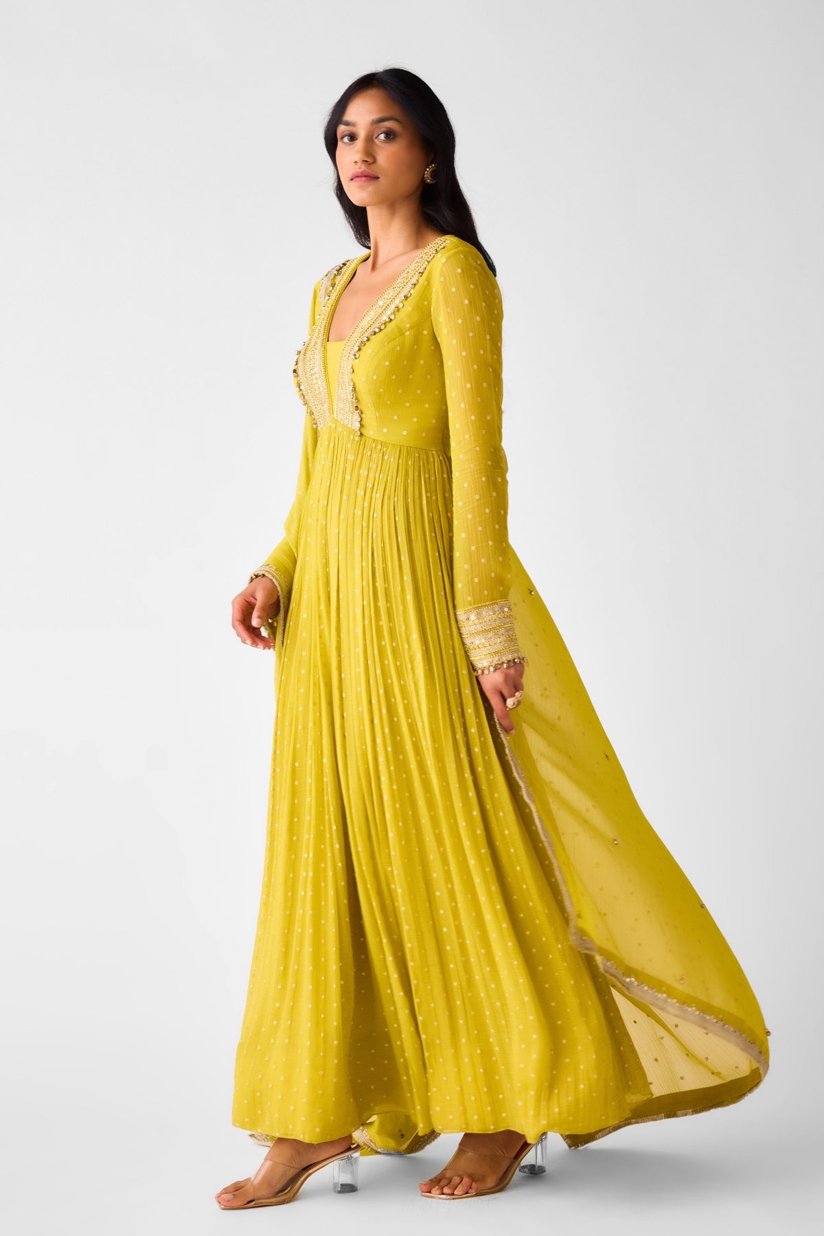 Yellow Banarasi Chinon Anarkali Set