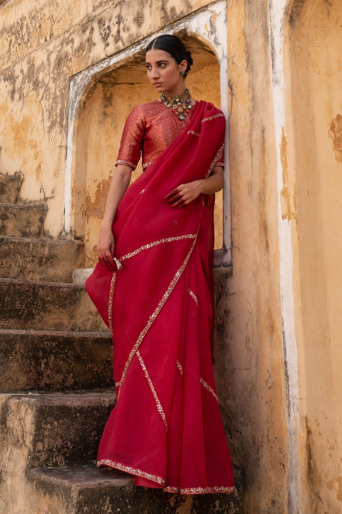 Pink Hand Embroidered Saree Set