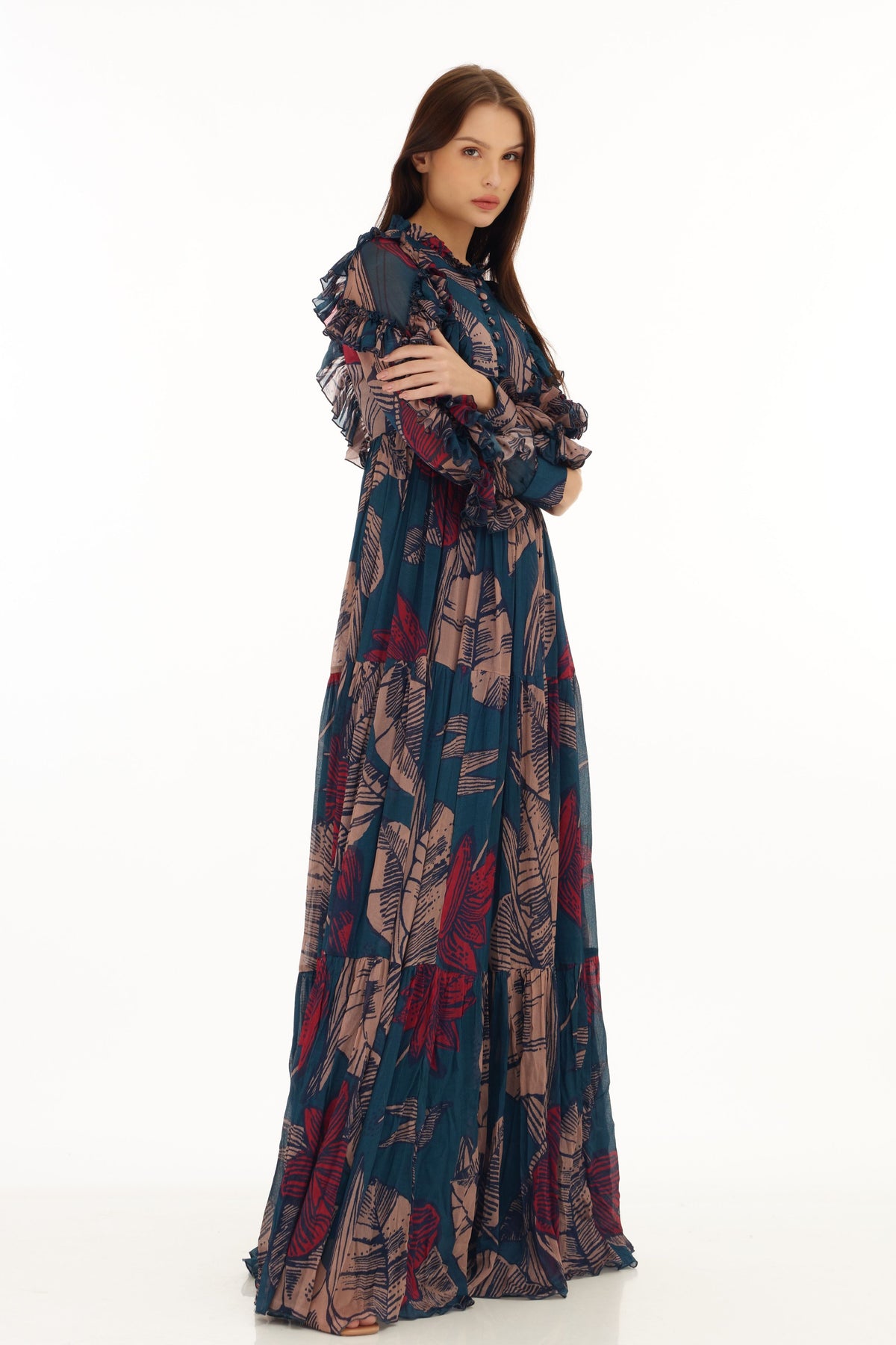 Multicolour Floral Frill Long Dress