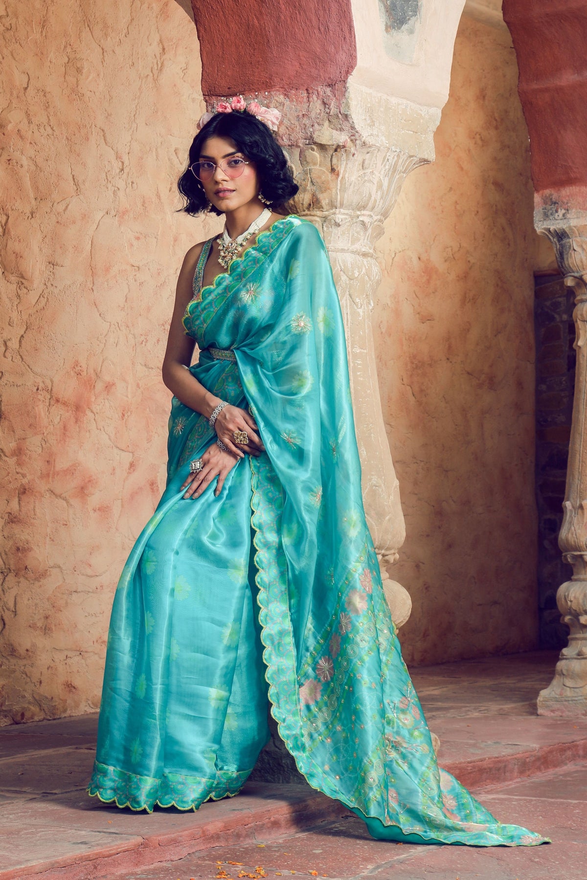 Aqua Embroidered and Printed Saree Set