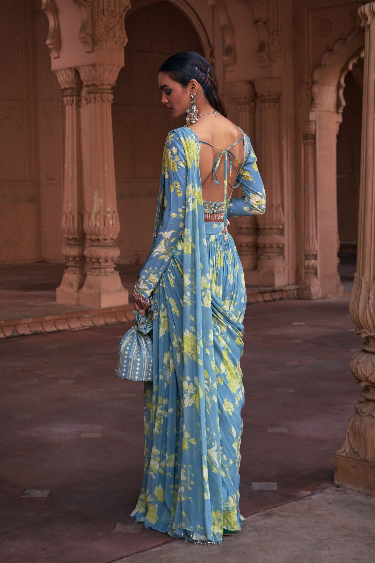 Blue Printed Draped Saree Set