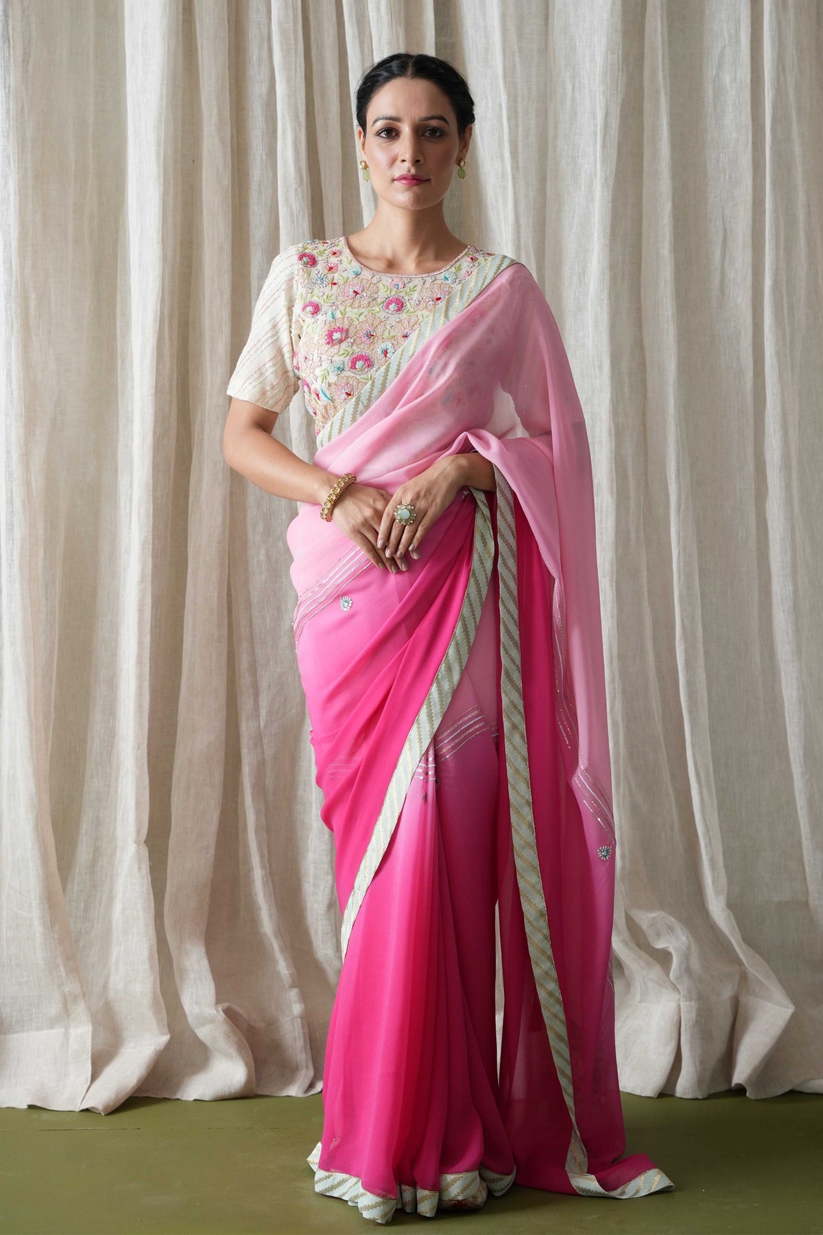 Fuschia and Ivory Saree Set