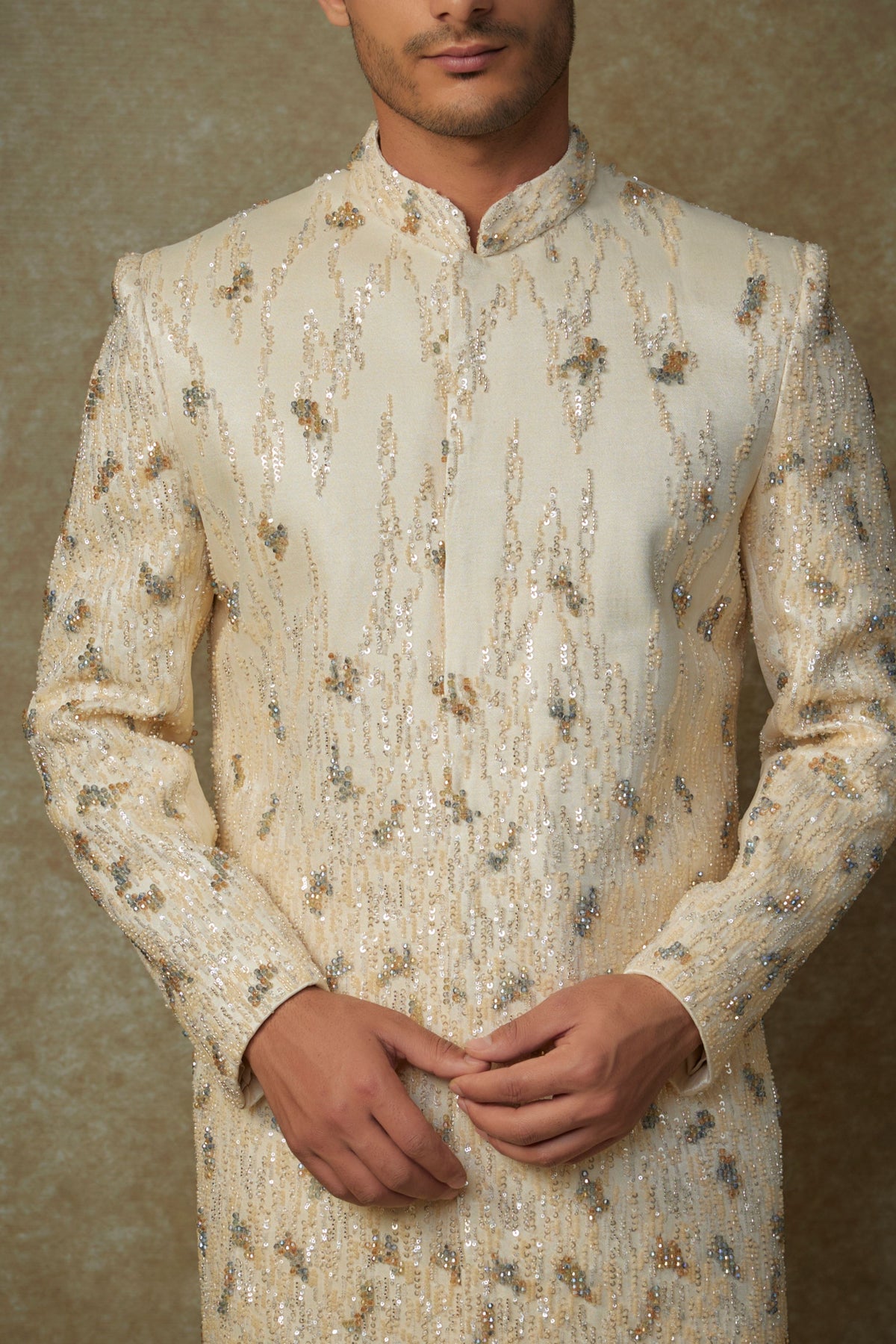 Beige Crystal Embroidered Sherwani Set