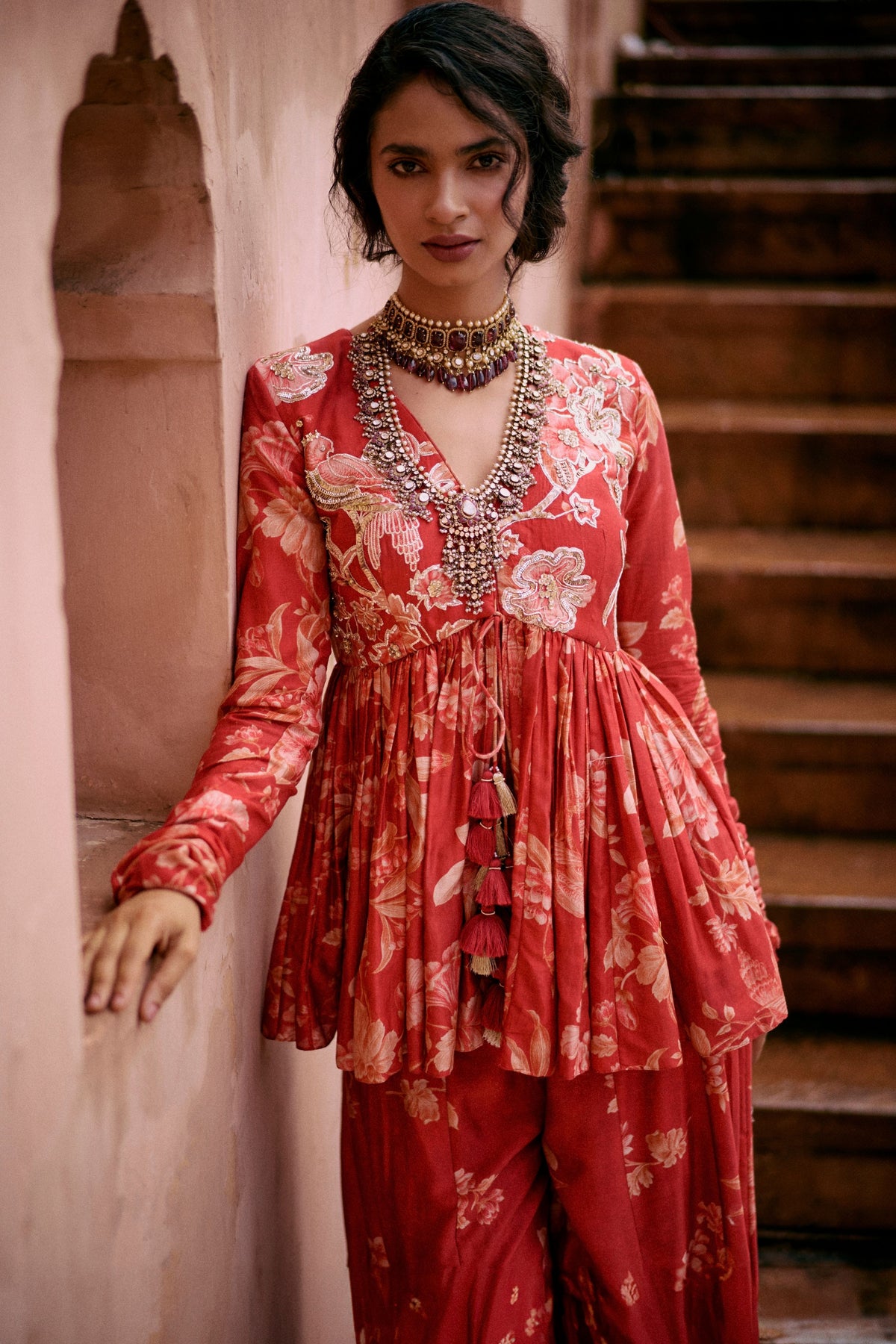 Embroidered Crimson Red Peplum Set