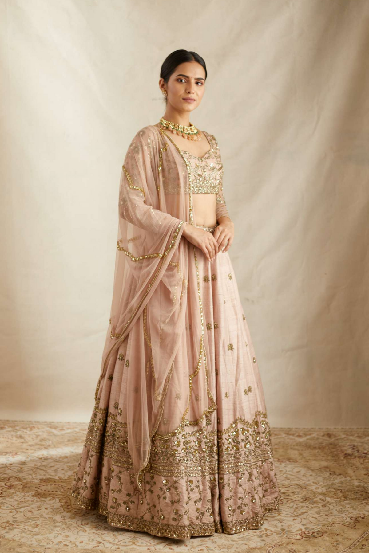 Peach Pink Raw Silk Lehenga Set