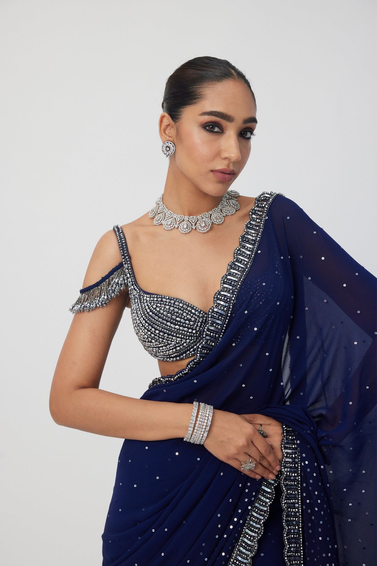 Deep Blue Embroidered Saree Set