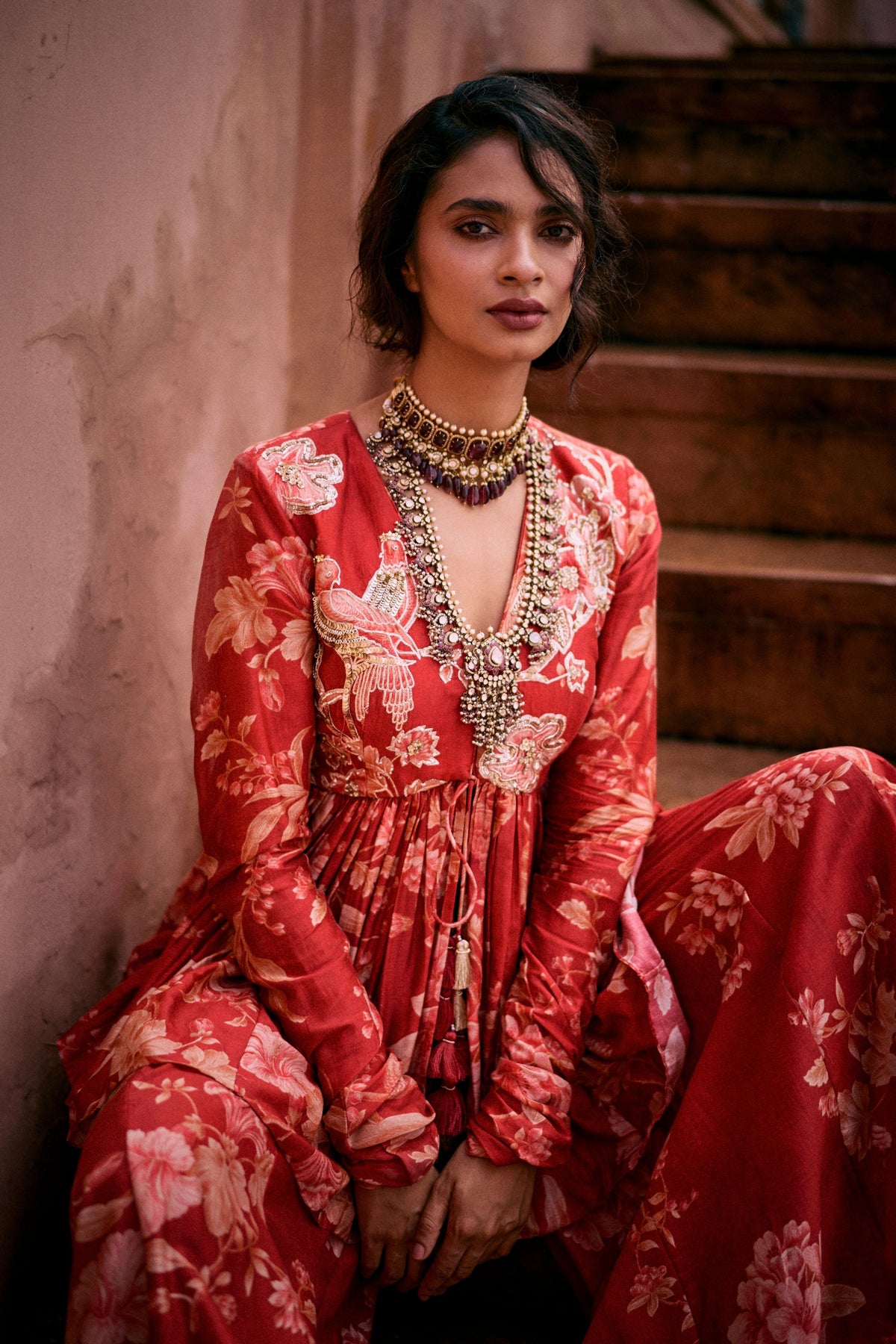 Embroidered Crimson Red Peplum Set