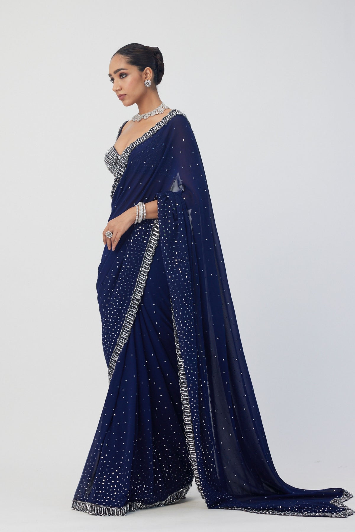 Deep Blue Embroidered Saree Set