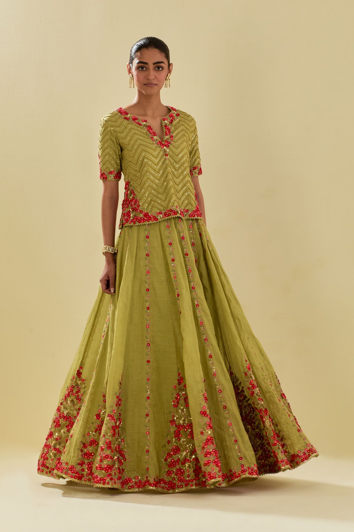 Green Embroidered Lehenga Set