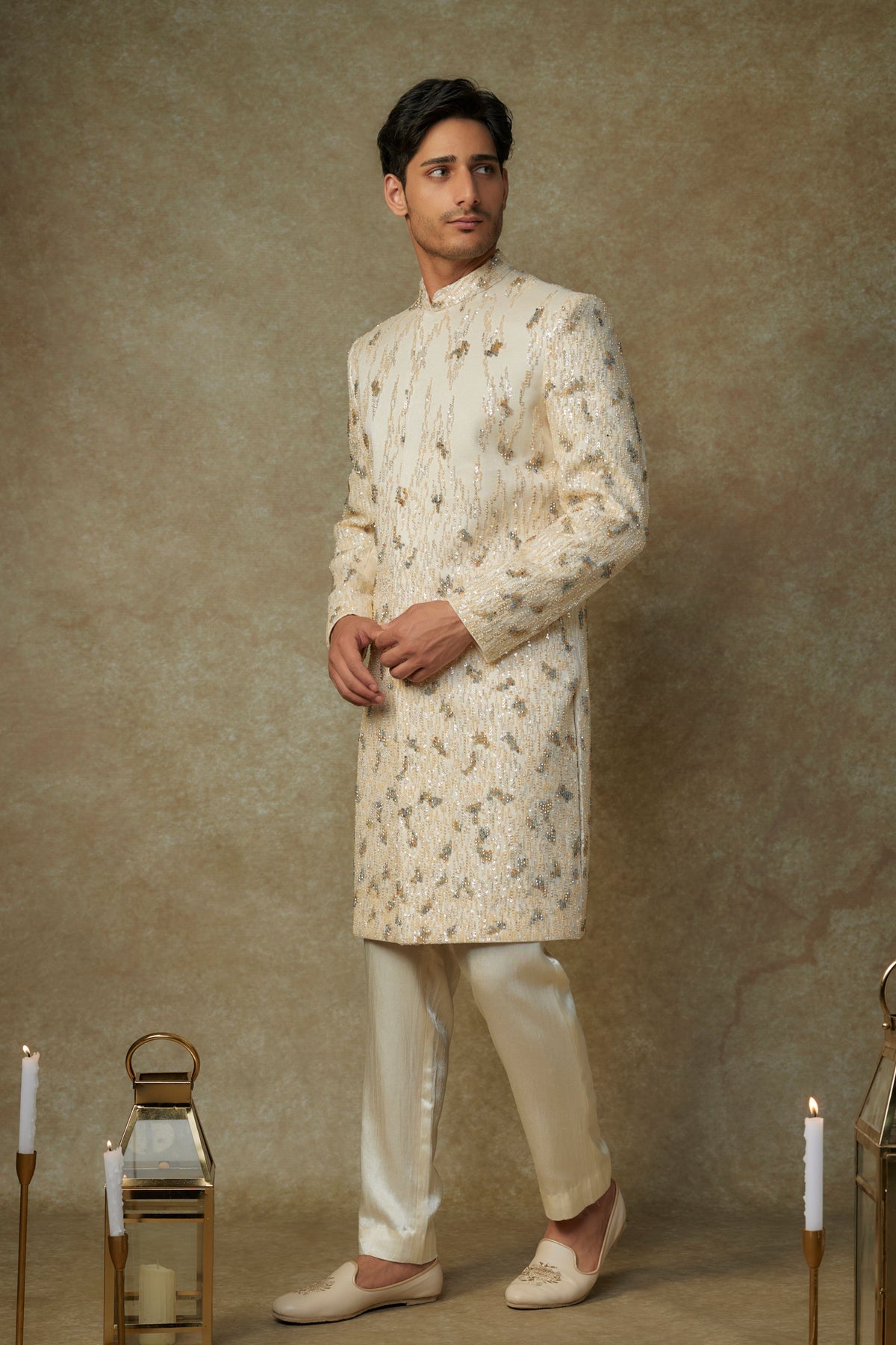 Beige Crystal Embroidered Sherwani Set