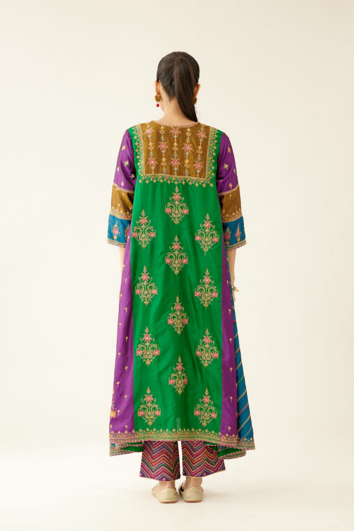 Multi Colored Panelled  Silk Kurta Set