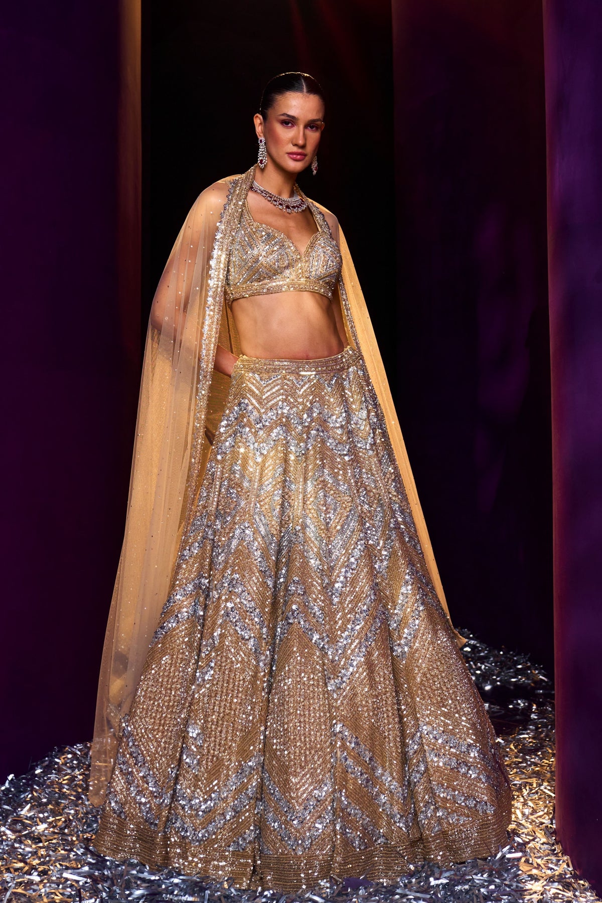 Gold Silver Net Lehenga Set