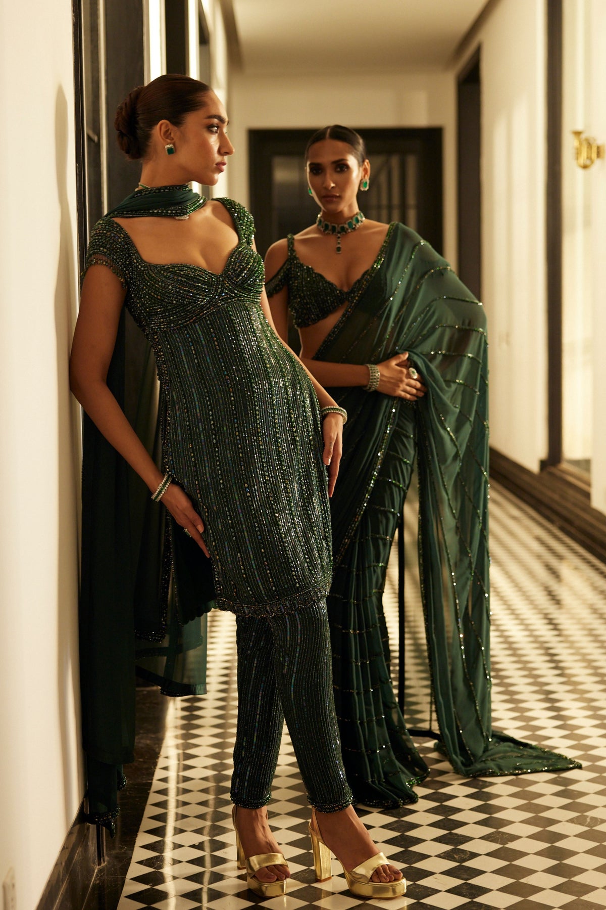 Dark Jade Green Embroidered Saree Set