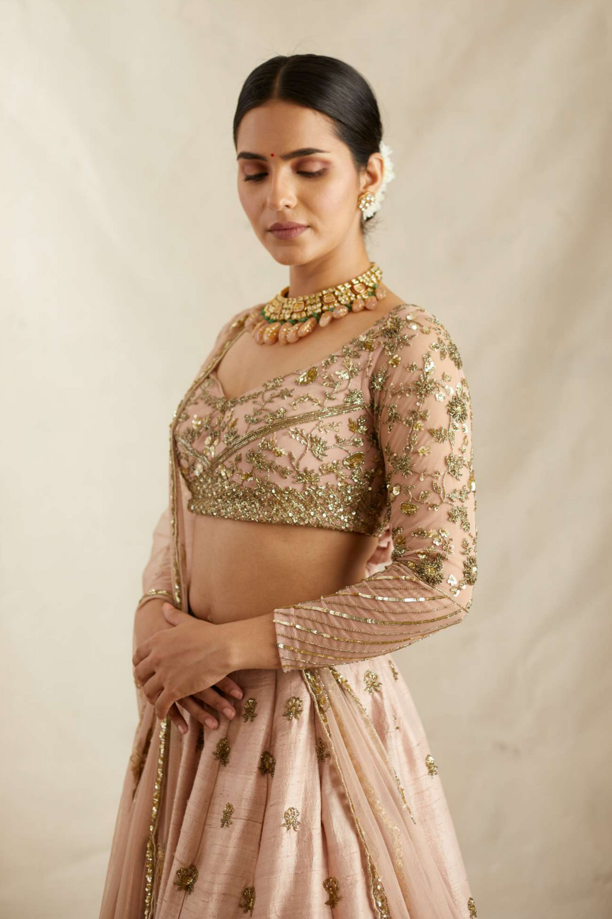 Peach Pink Raw Silk Lehenga Set