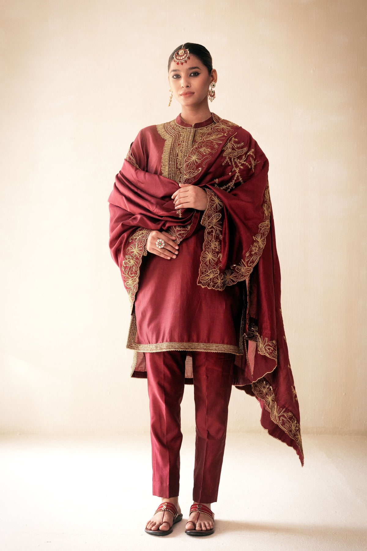 Maroon Structured Kurta Set