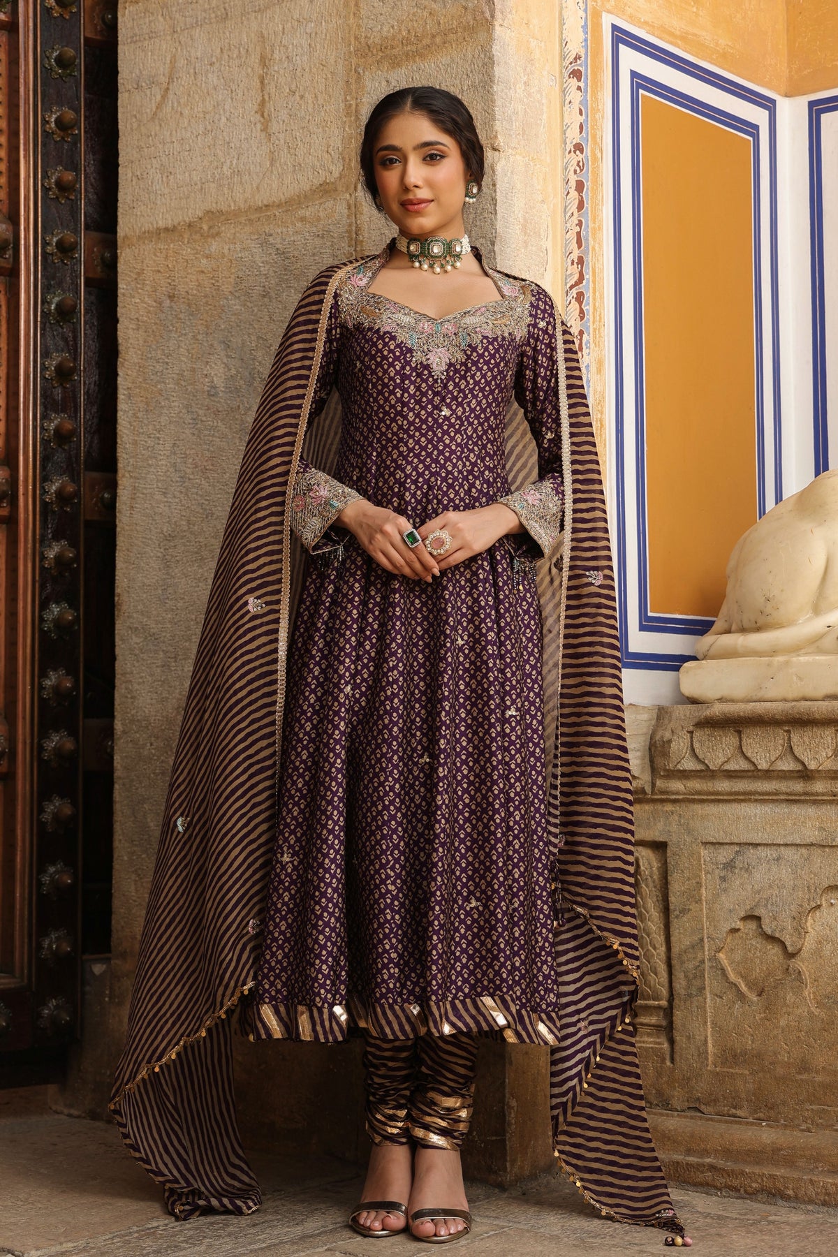 Riwayat Printed Purple Anarkali Set