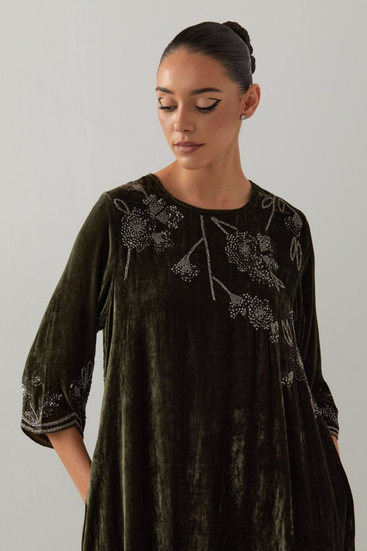 Khaki Velvet Tunic Set