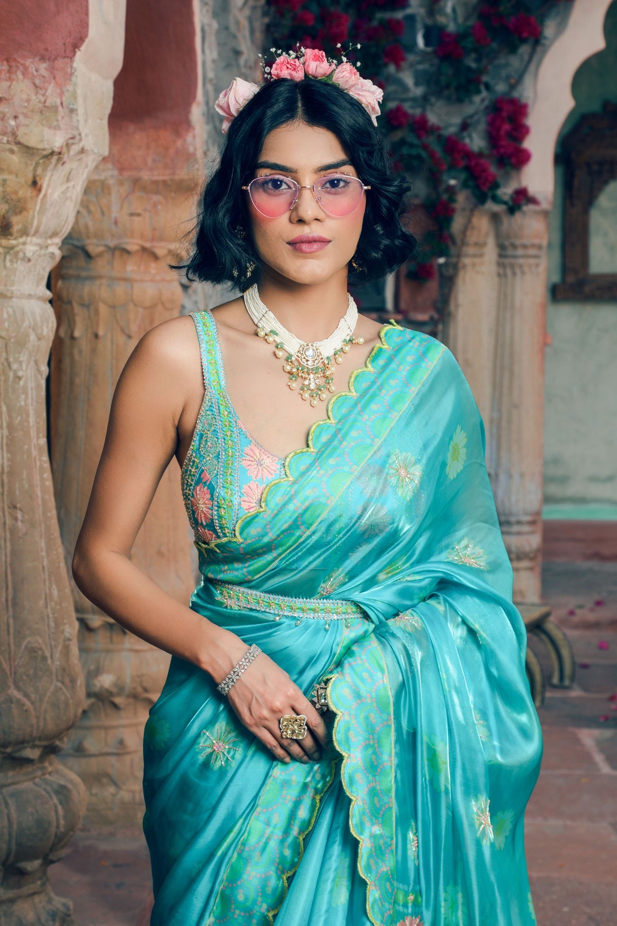 Aqua Embroidered and Printed Saree Set