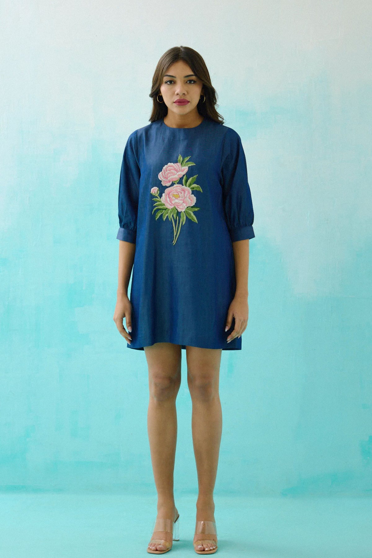 Denim Peony Embroidered Shift Dress