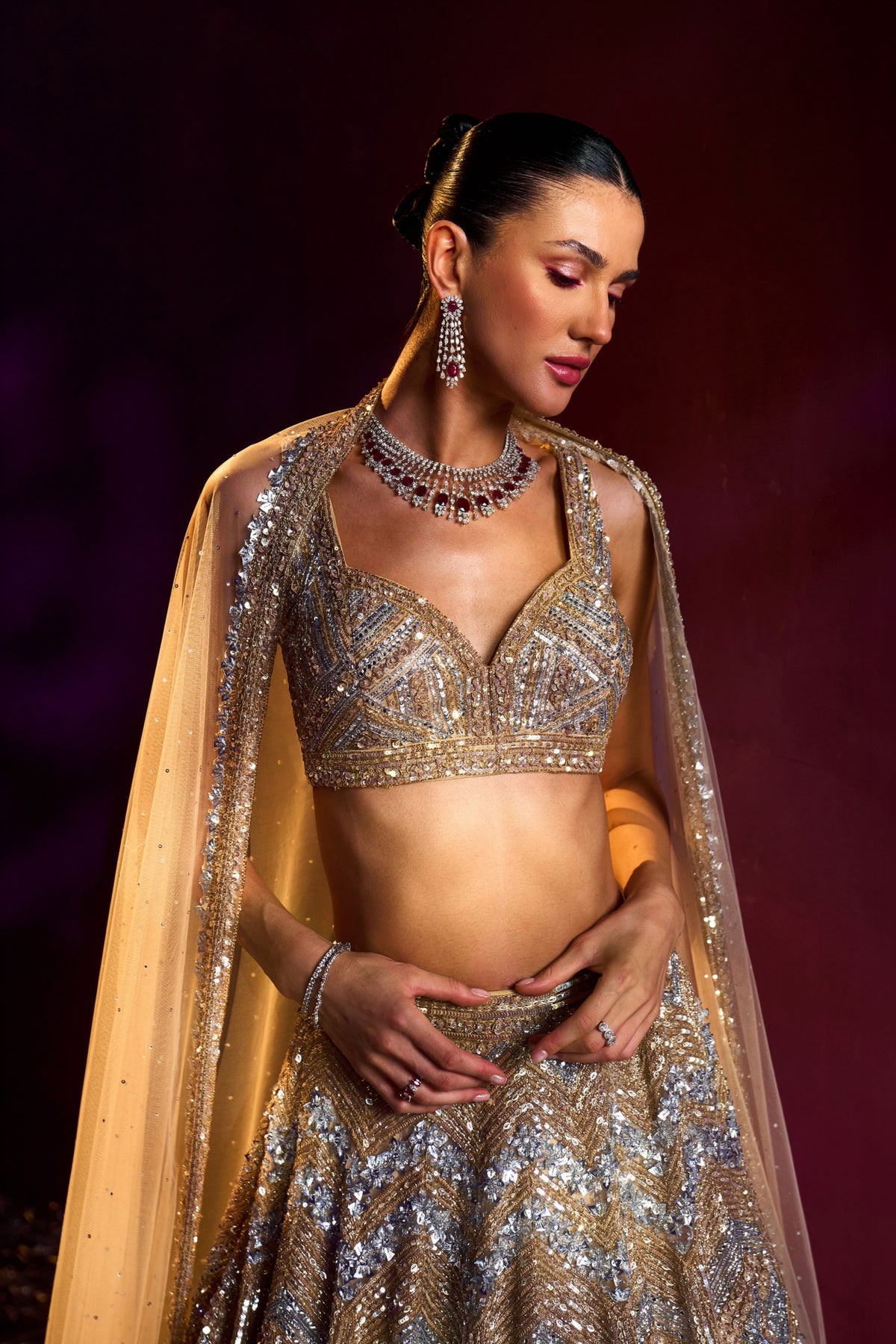 Gold Silver Net Lehenga Set