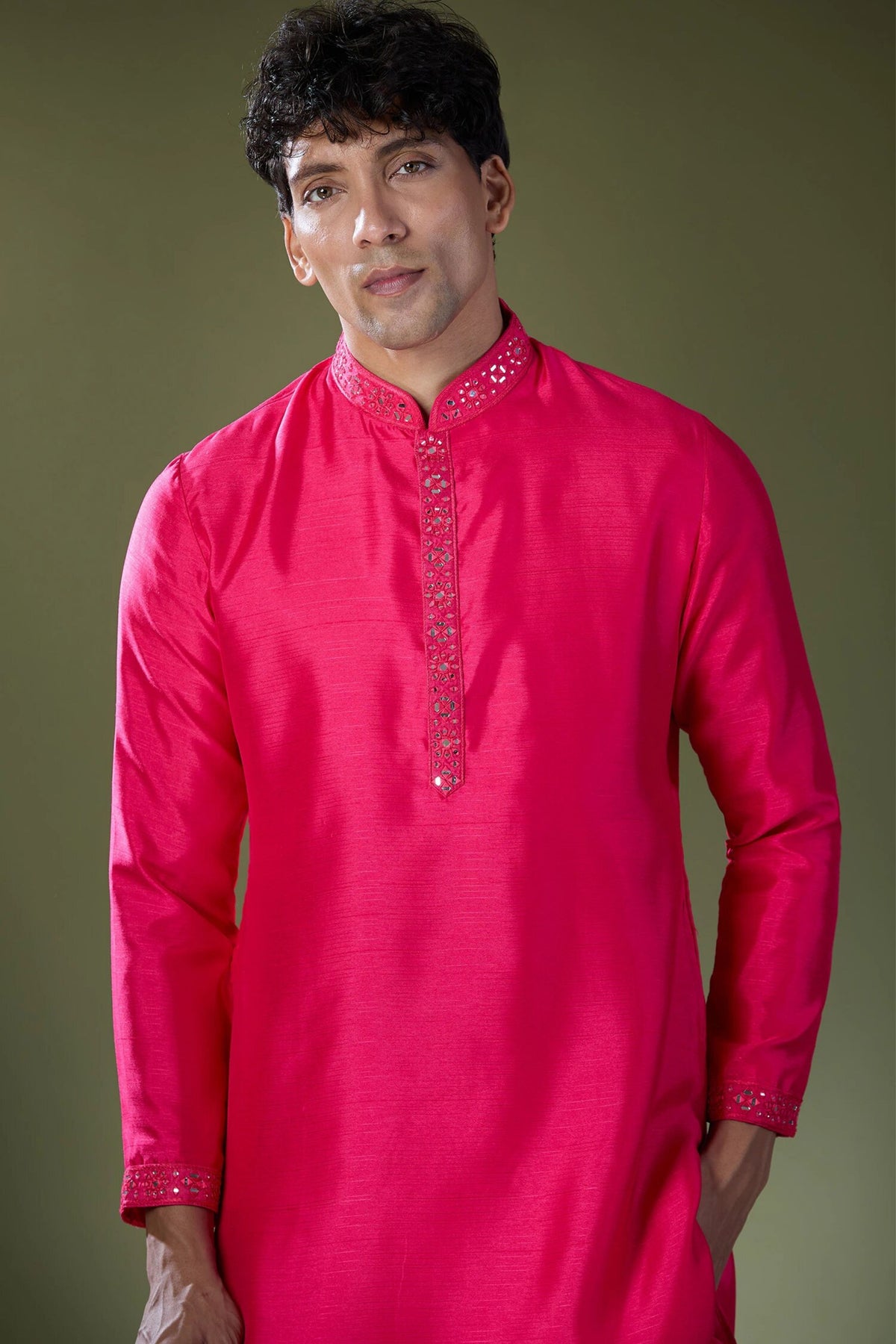 Fuschia Mirror Embroidered Kurta Set