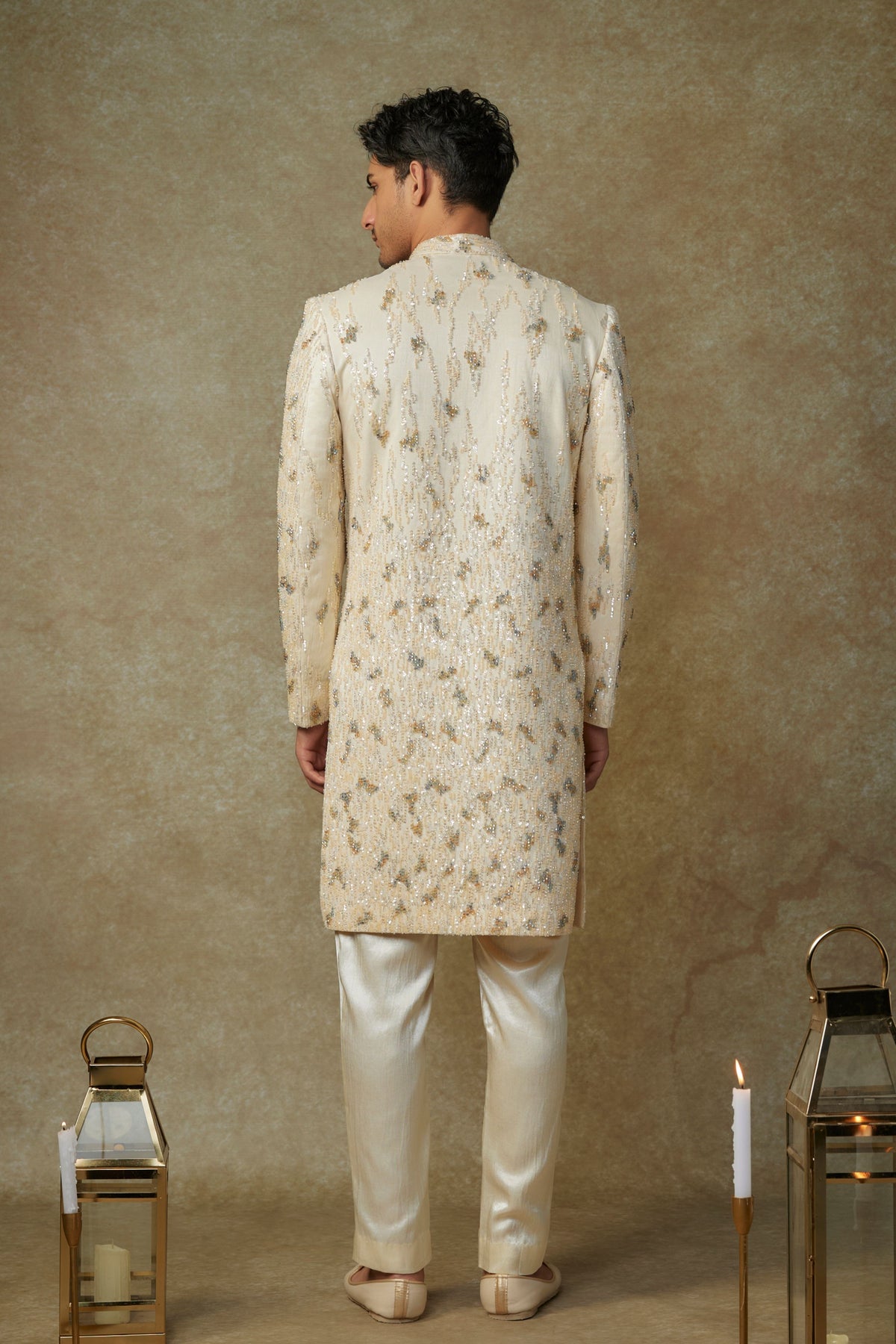 Beige Crystal Embroidered Sherwani Set