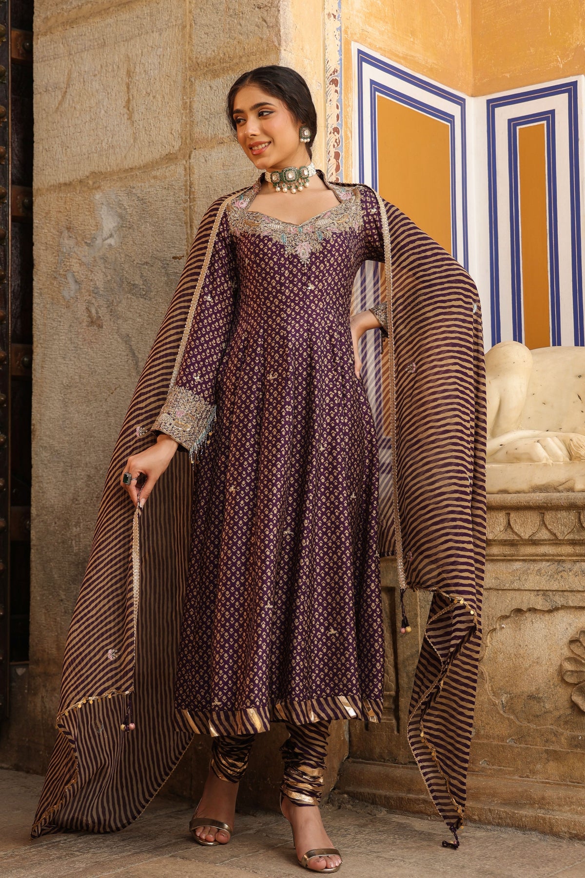 Riwayat Printed Purple Anarkali Set