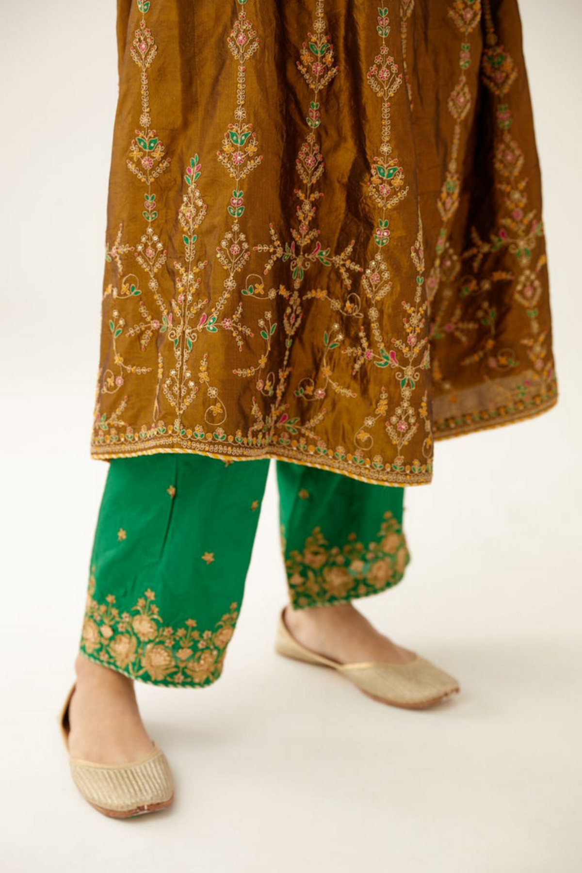 Golden Olive Silk Embroidered Kurta Set