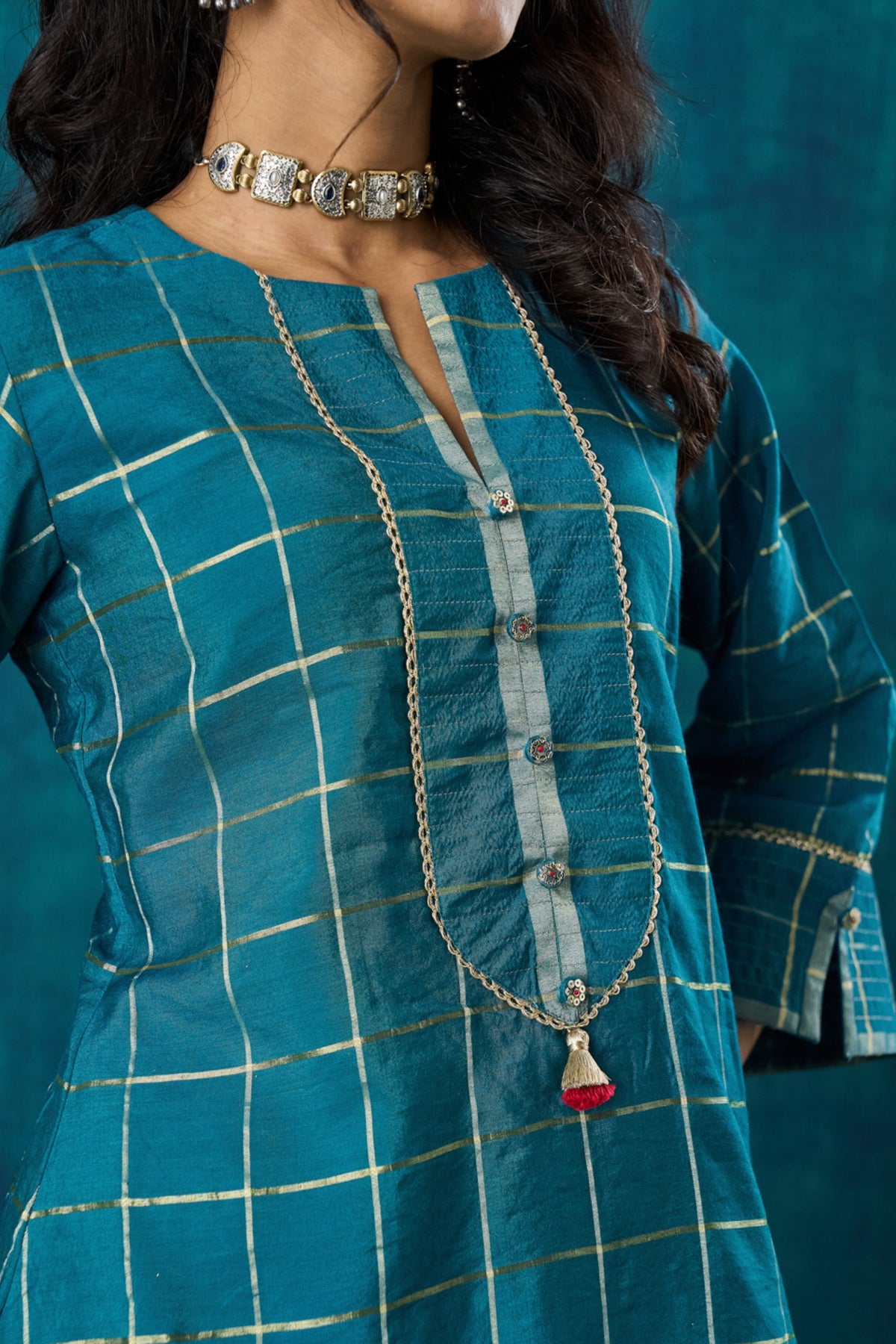 Turquoise Checks Kurta Sets