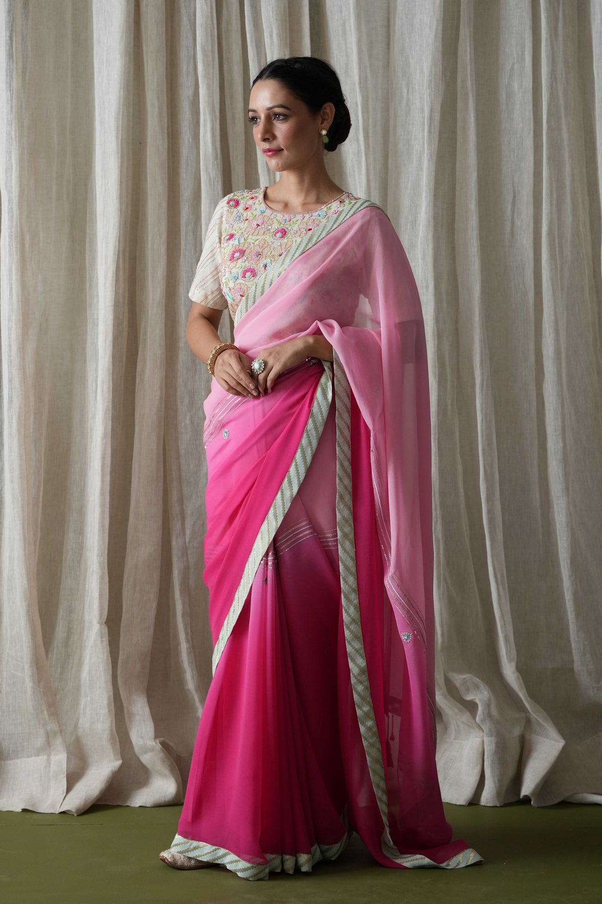 Fuschia and Ivory Saree Set