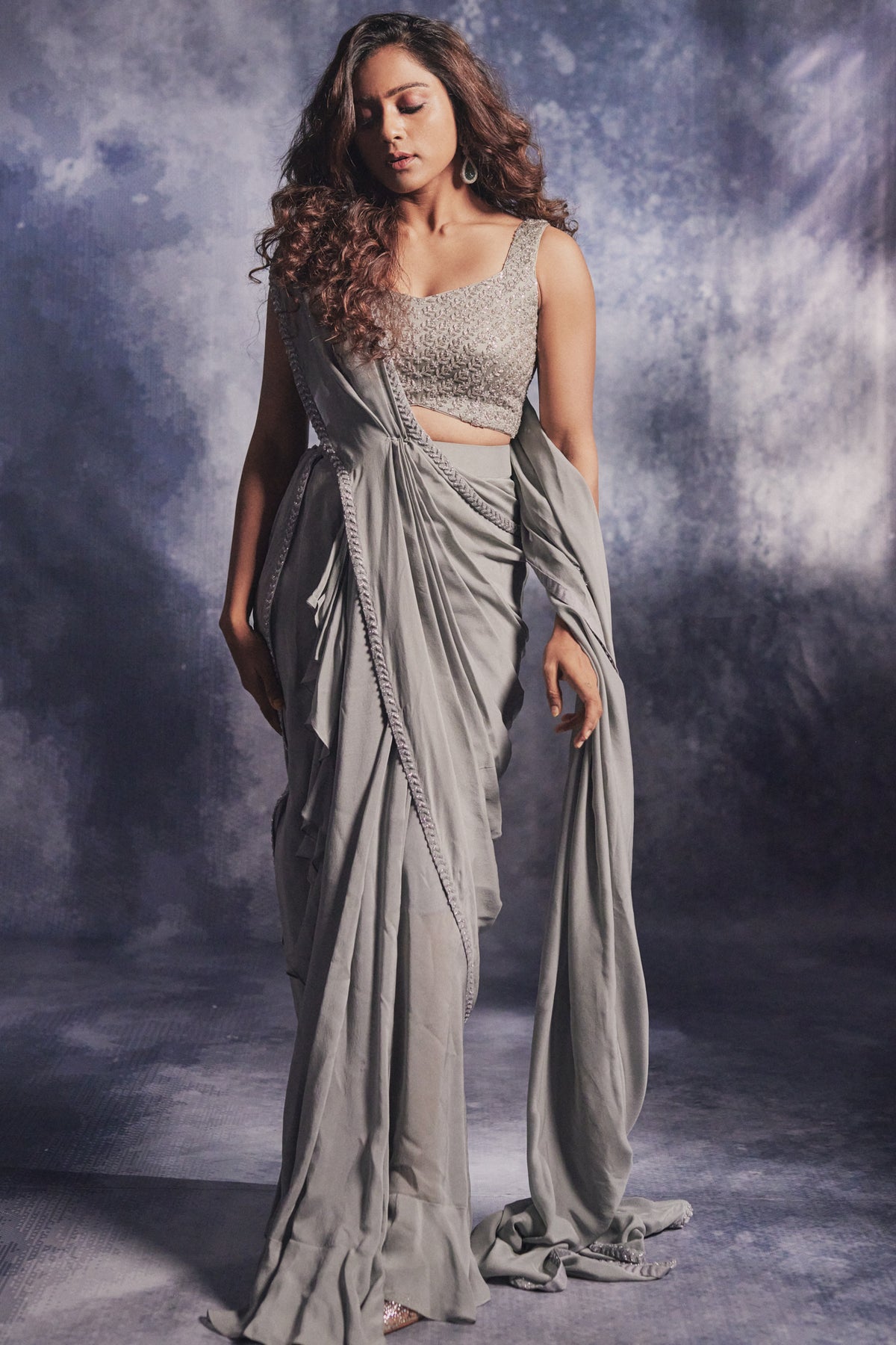 Smoke Grey Pre Draped Saree Set