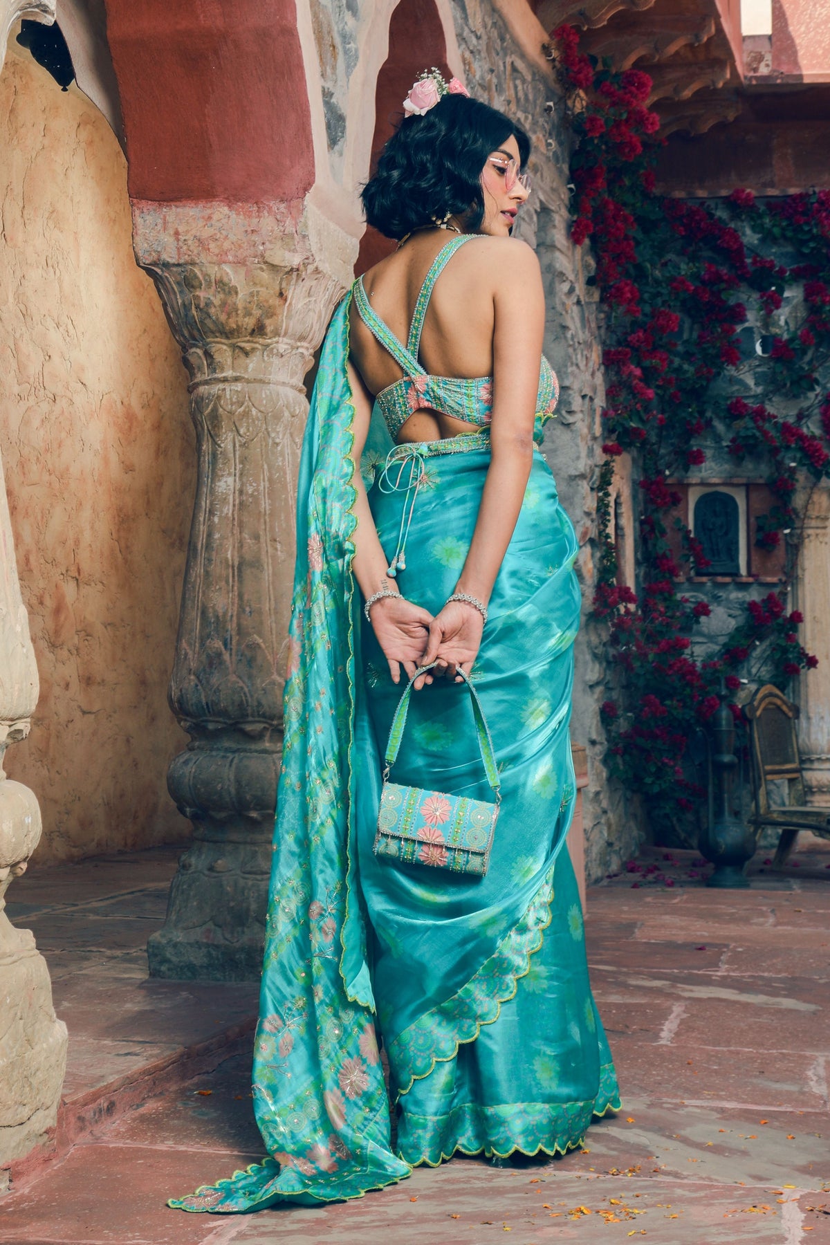 Aqua Embroidered and Printed Saree Set