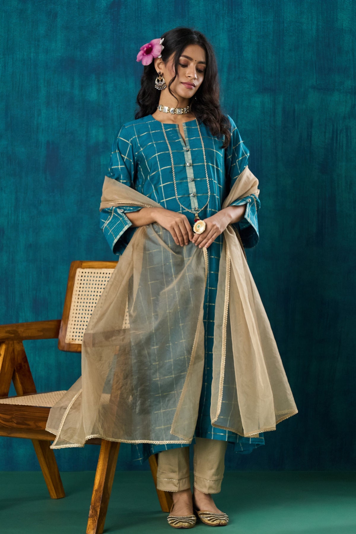 Turquoise Checks Kurta Sets