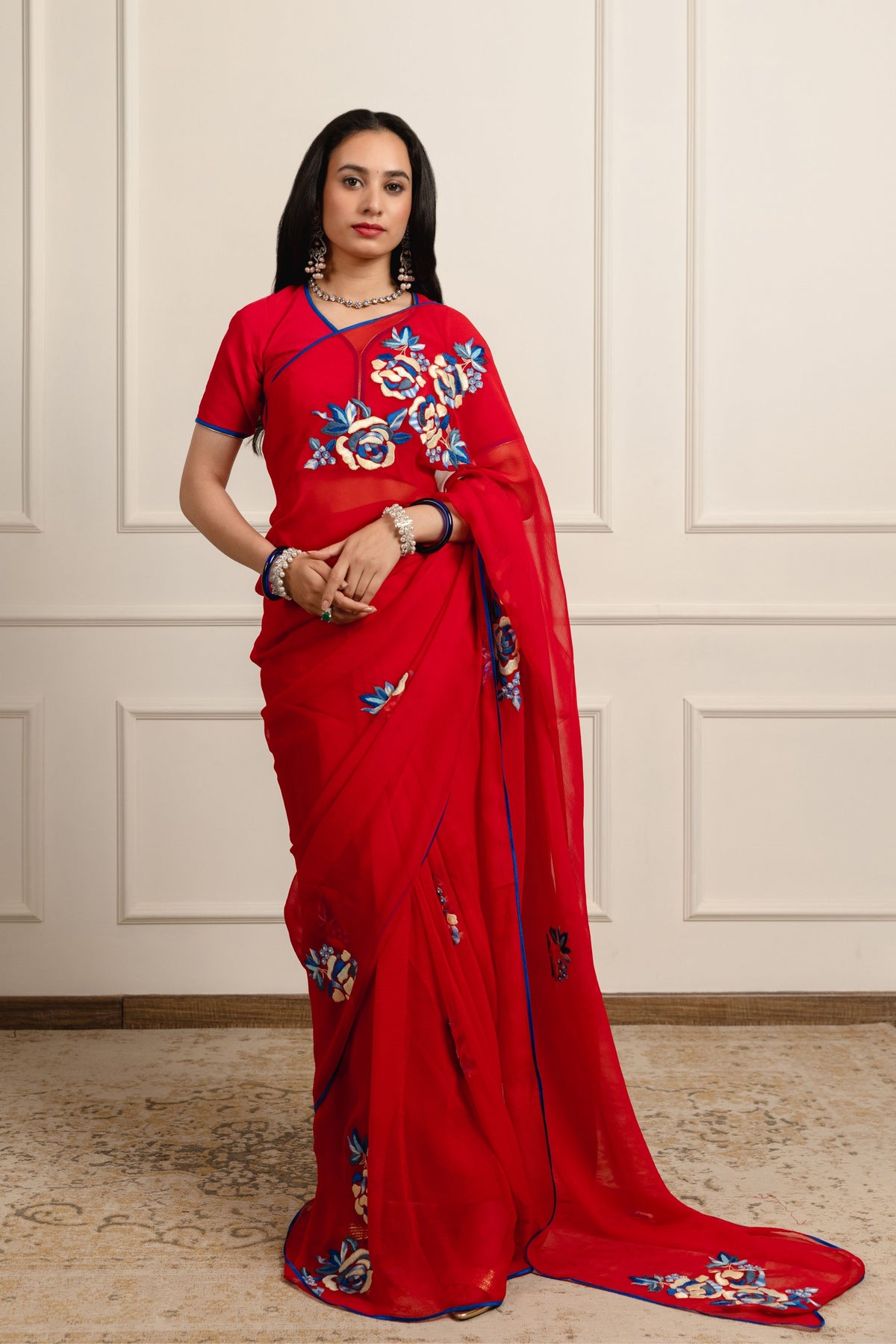 Jivantika Harshini Red Chiffon Saree