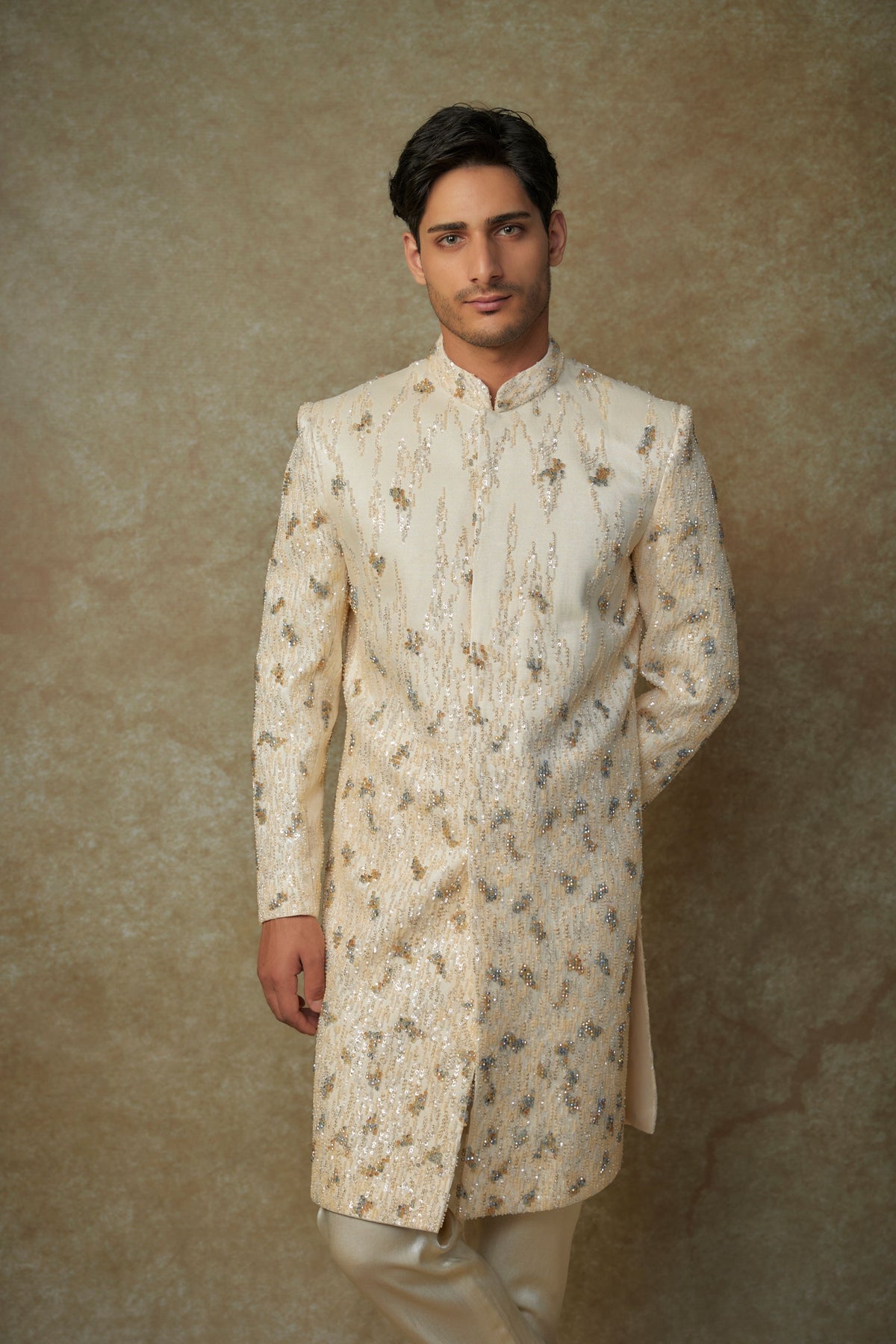 Beige Crystal Embroidered Sherwani Set