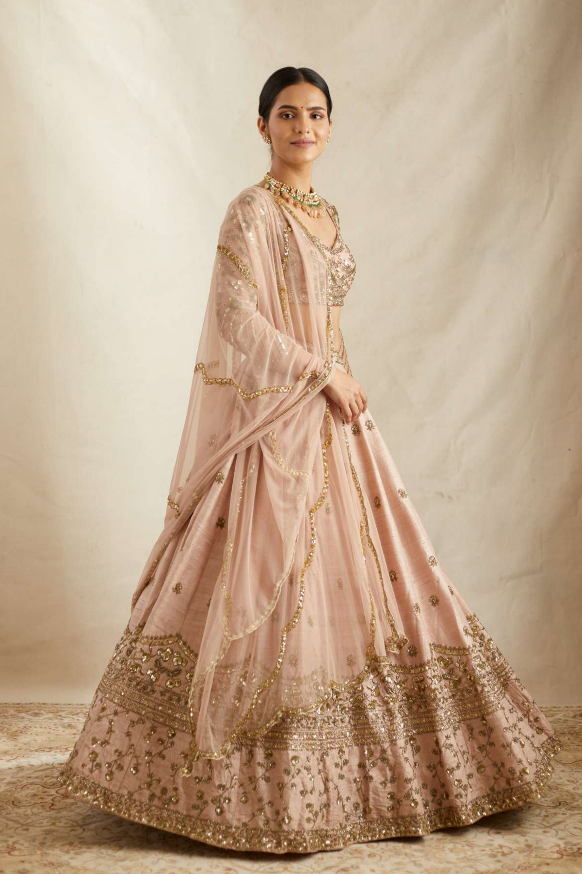 Peach Pink Raw Silk Lehenga Set