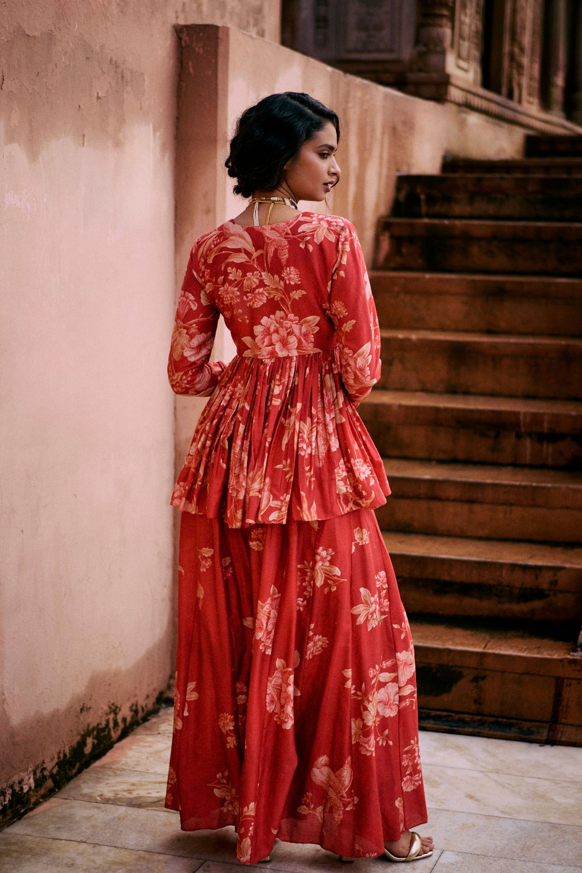 Embroidered Crimson Red Peplum Set