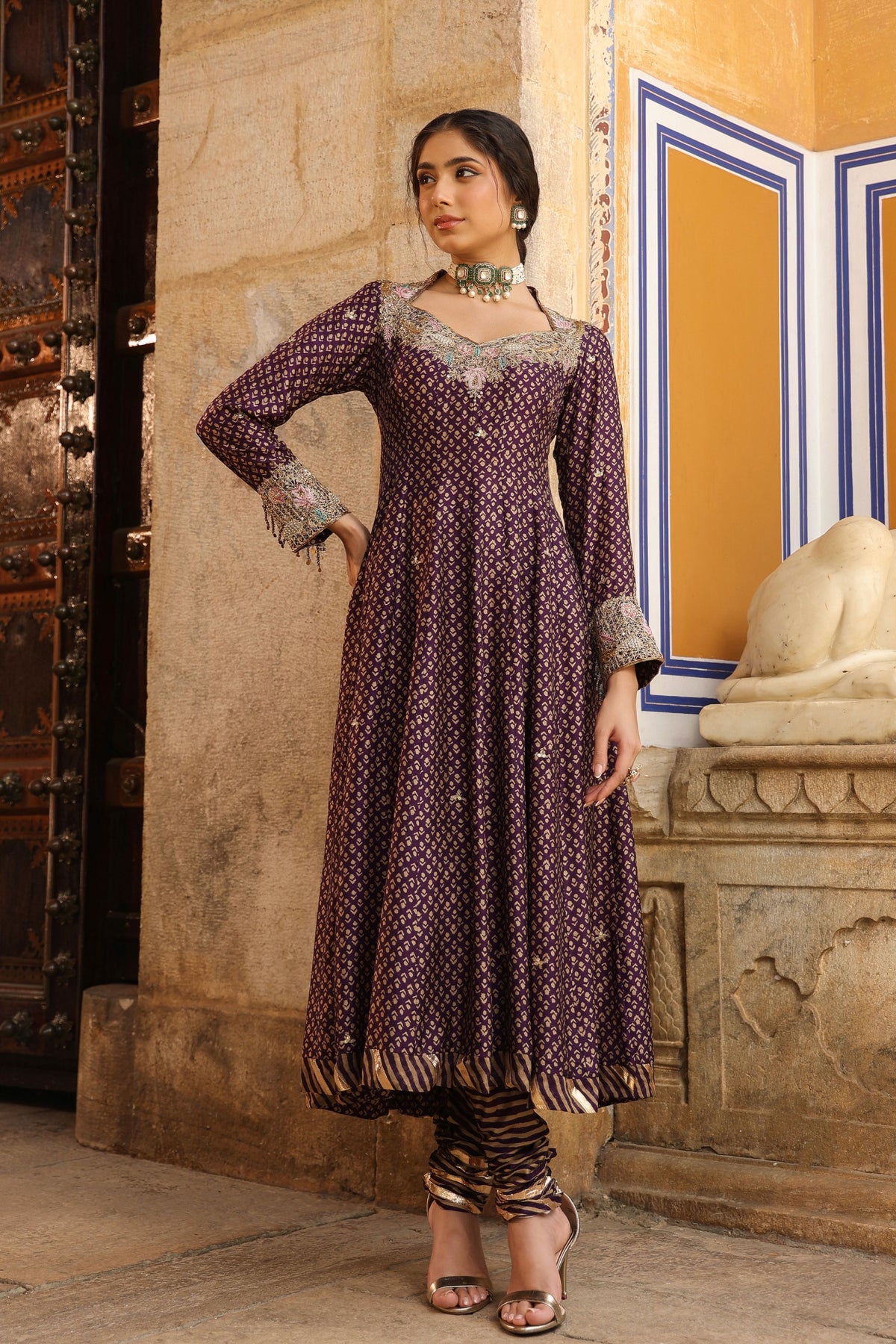 Riwayat Printed Purple Anarkali Set