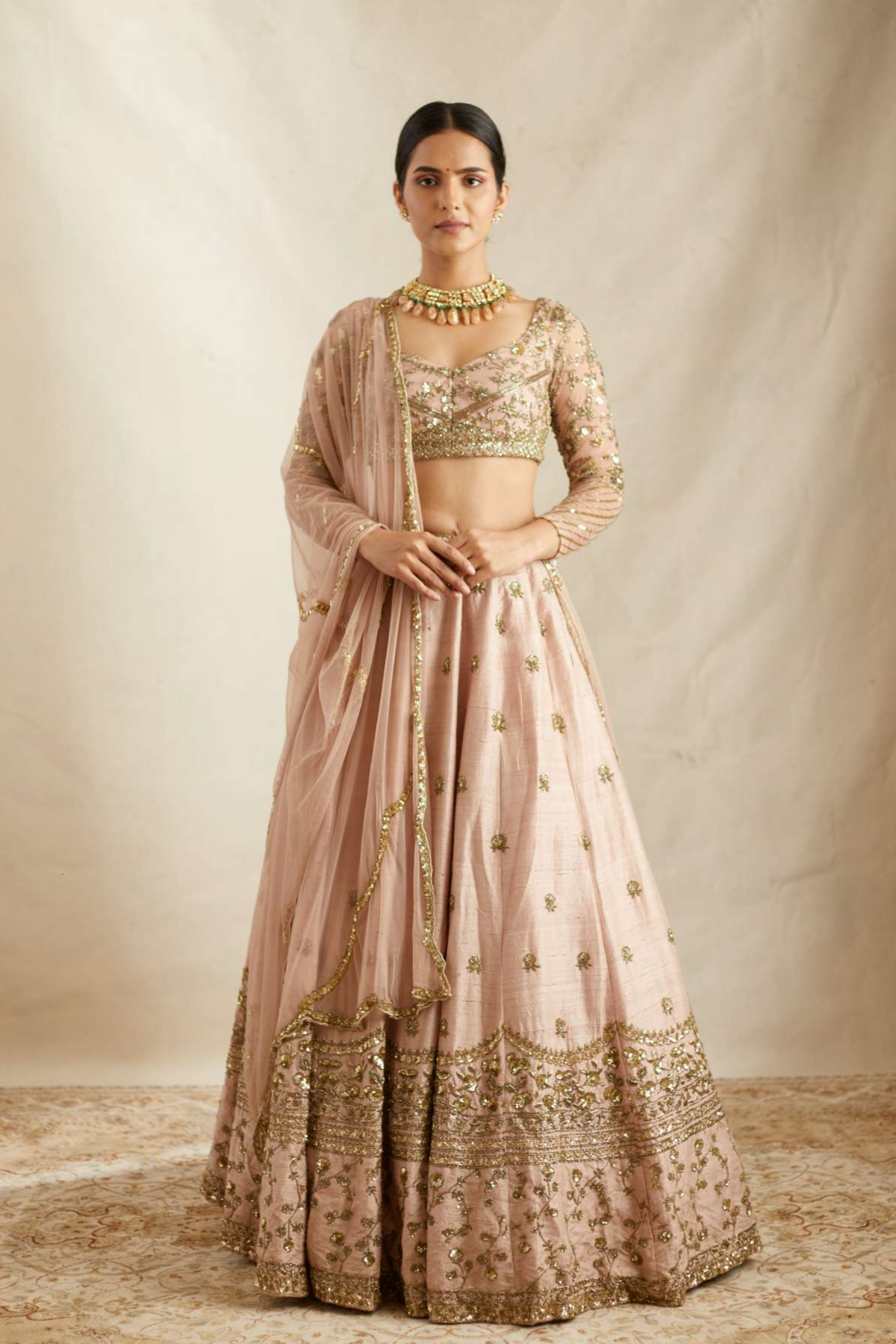 Peach Pink Raw Silk Lehenga Set