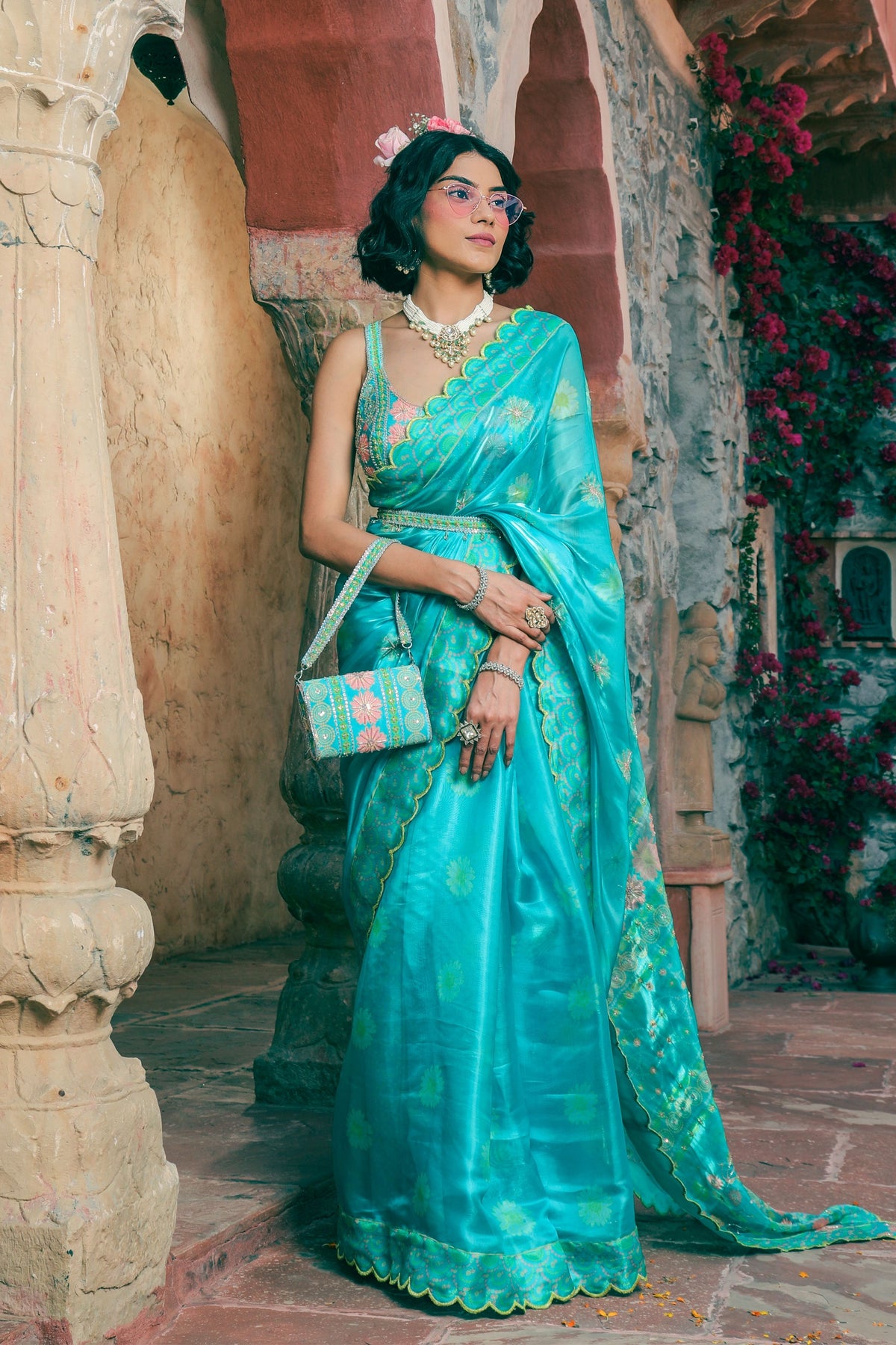 Aqua Embroidered and Printed Saree Set