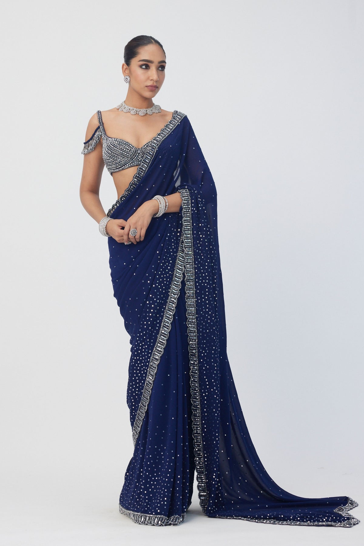 Deep Blue Embroidered Saree Set